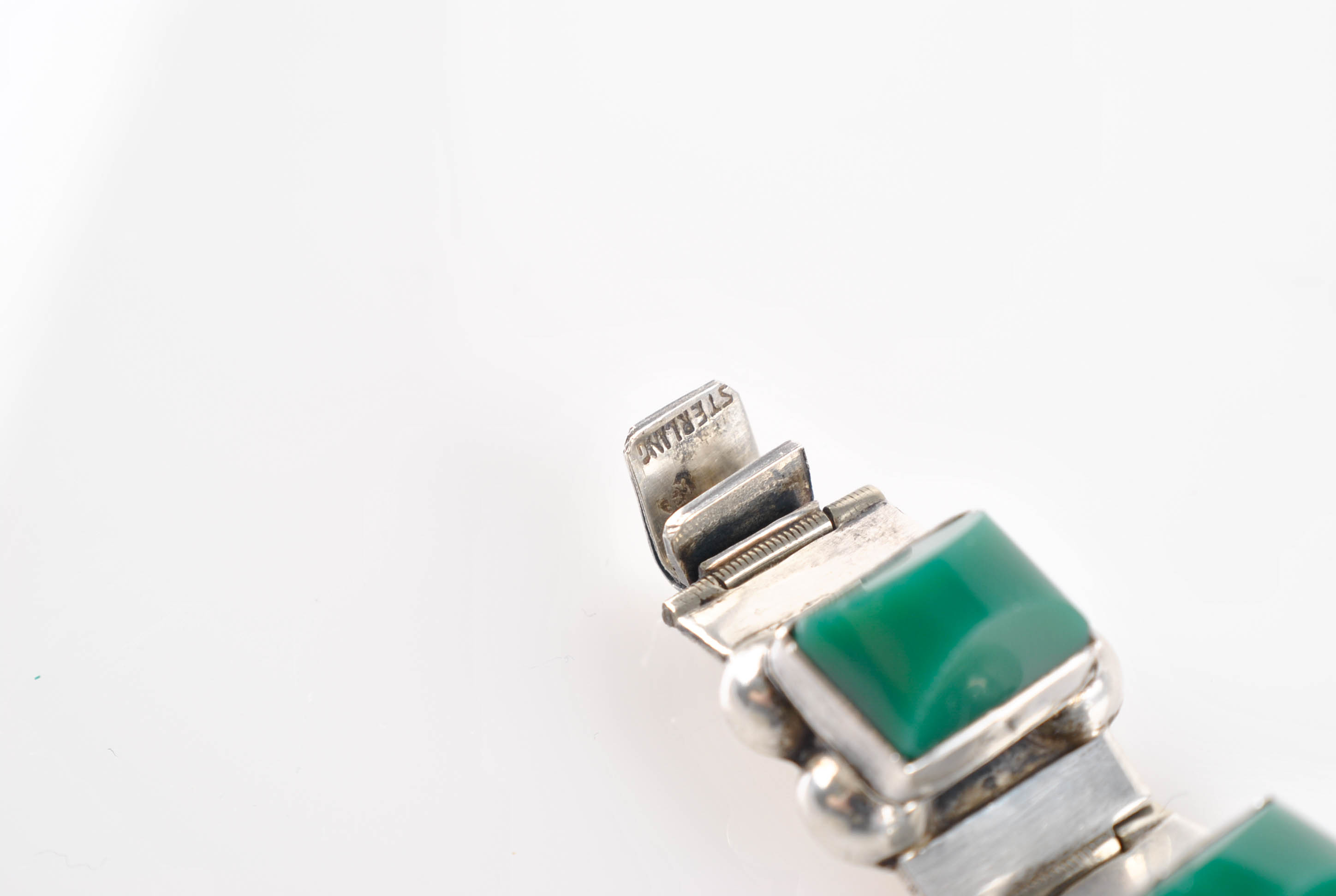 Vintage Taxco Mexico Sterling Silver Green Plastic Stone Bracelet