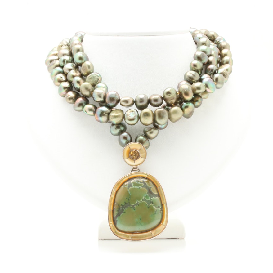 Sterling Silver Cultured Pearl, Citrine, and Green Turquoise Necklace