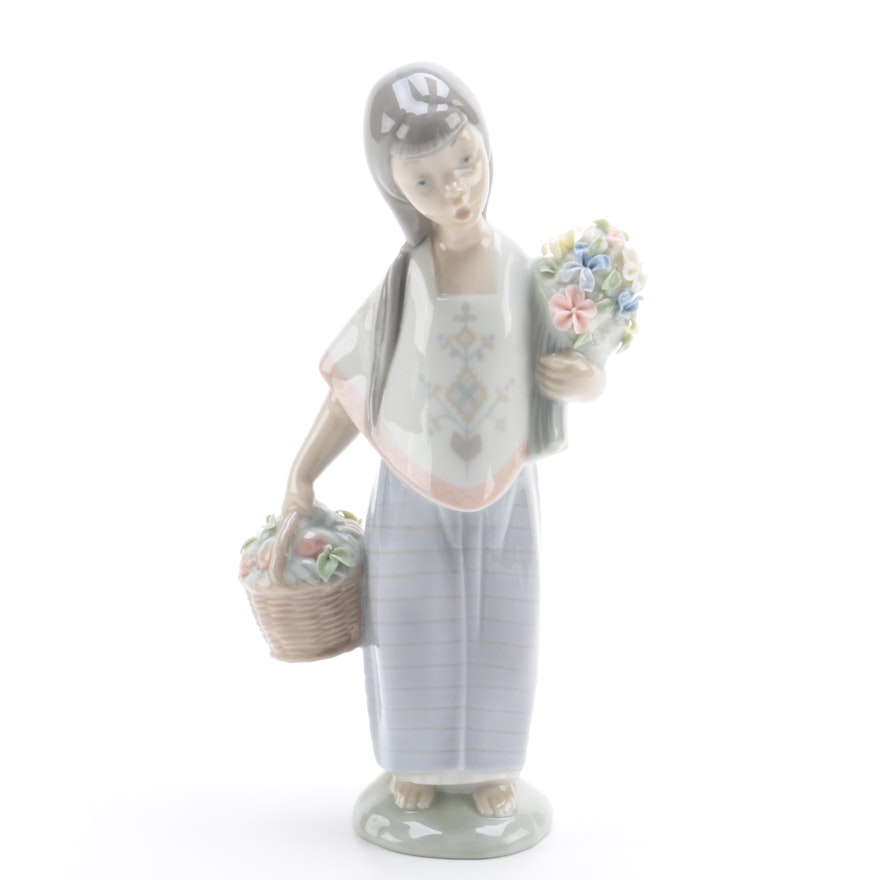 Lladro Girl with Apple Basket and Flower Bouquet Figurine