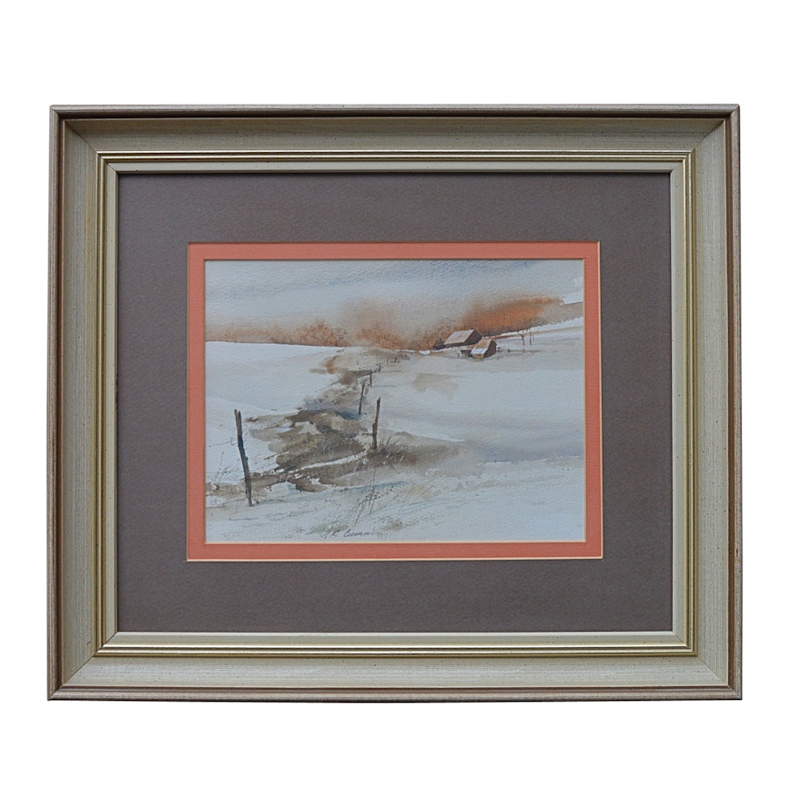 Original Signed Winter Landscape Watercolor on Paper