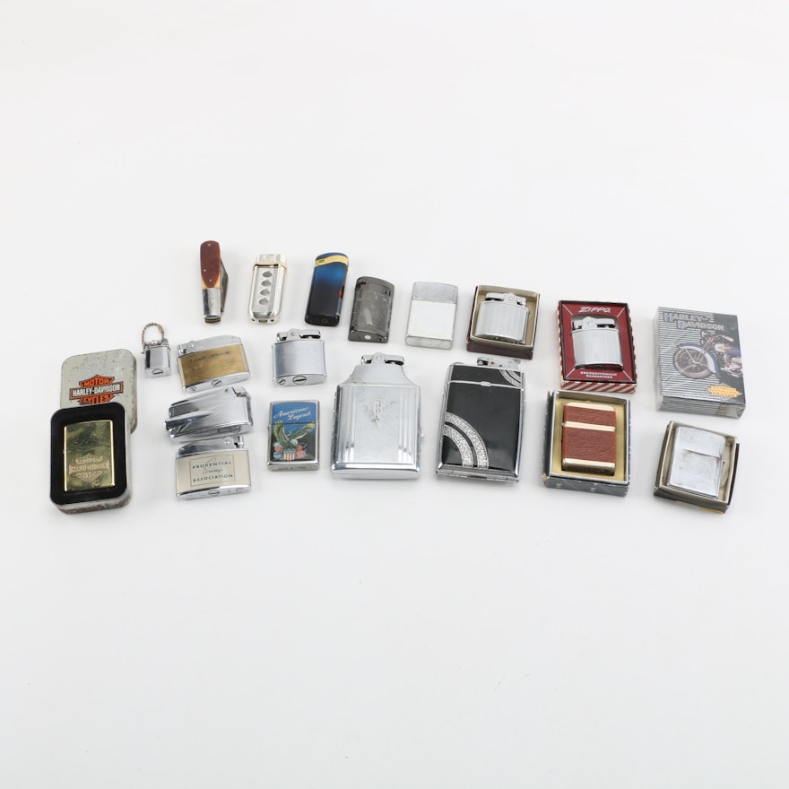 Cigarette Cases, Lighter, Jabre Pocket Knife and Harley Davidson Card Deck