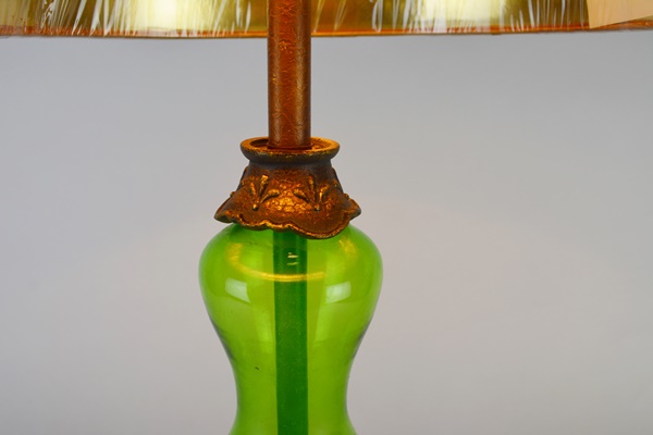 Bright Green Glass Table Lamp With Floral Shade by Tracy Porter