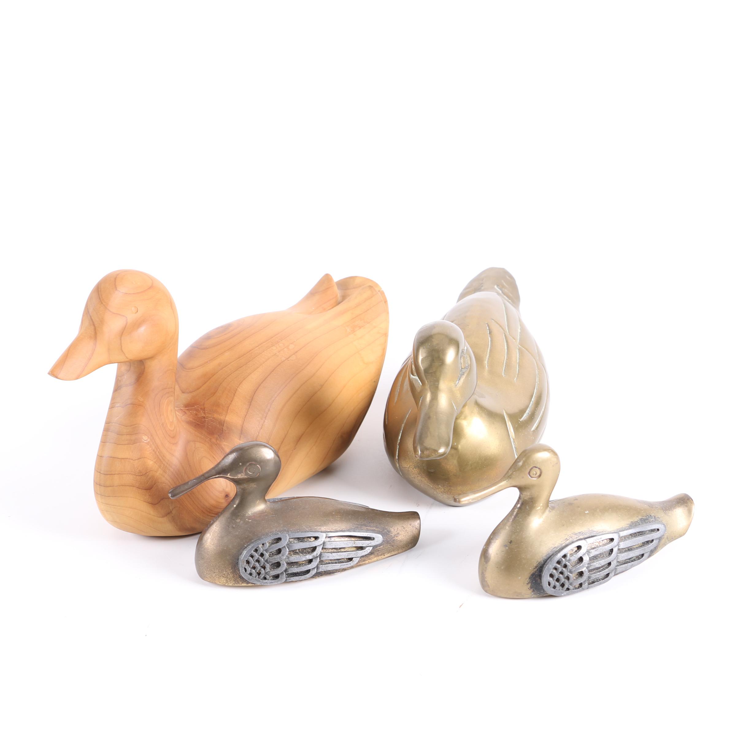 Signed V. Ledford Wood Duck Decoy and Brass Duck Decoys