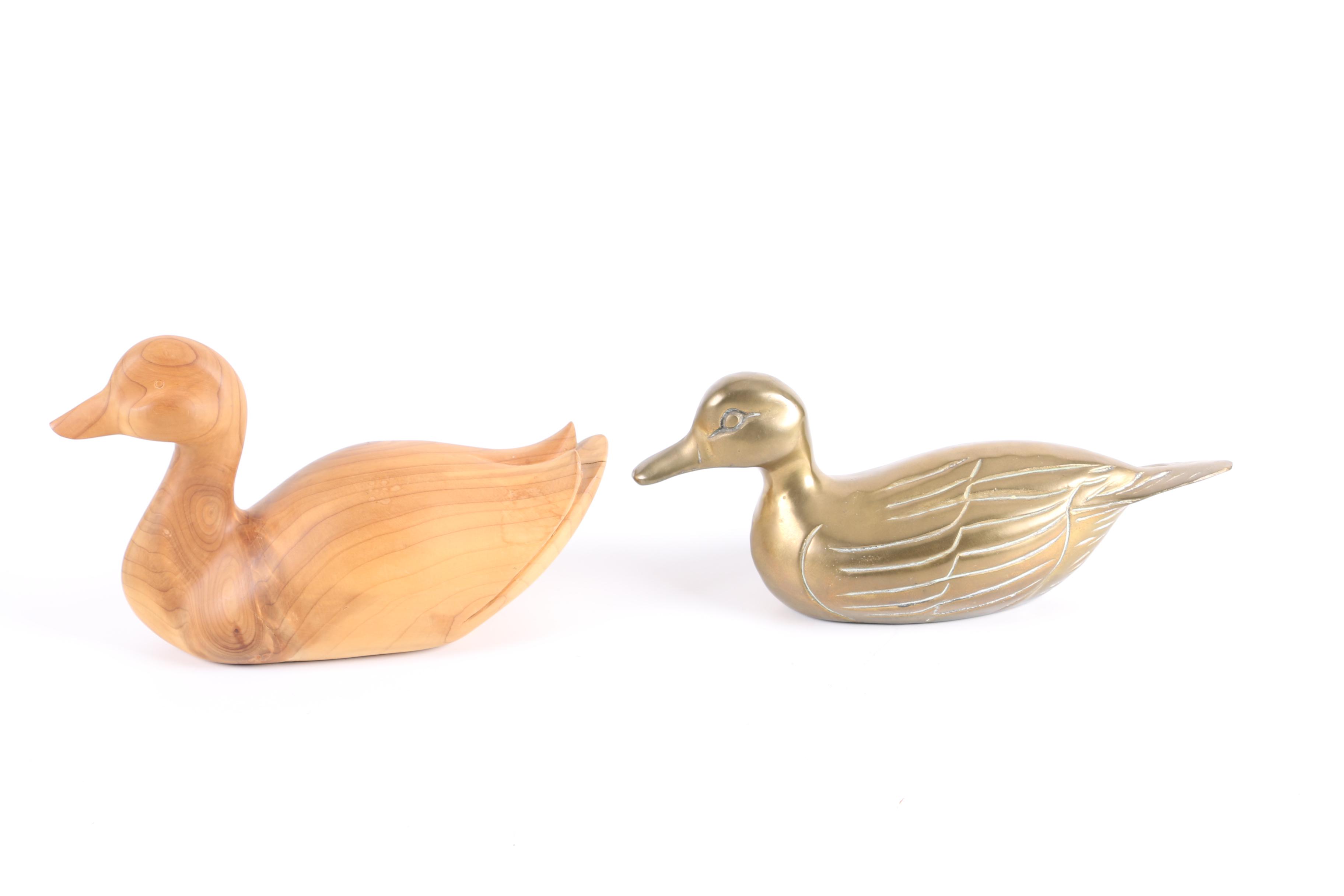 Signed V. Ledford Wood Duck Decoy and Brass Duck Decoys