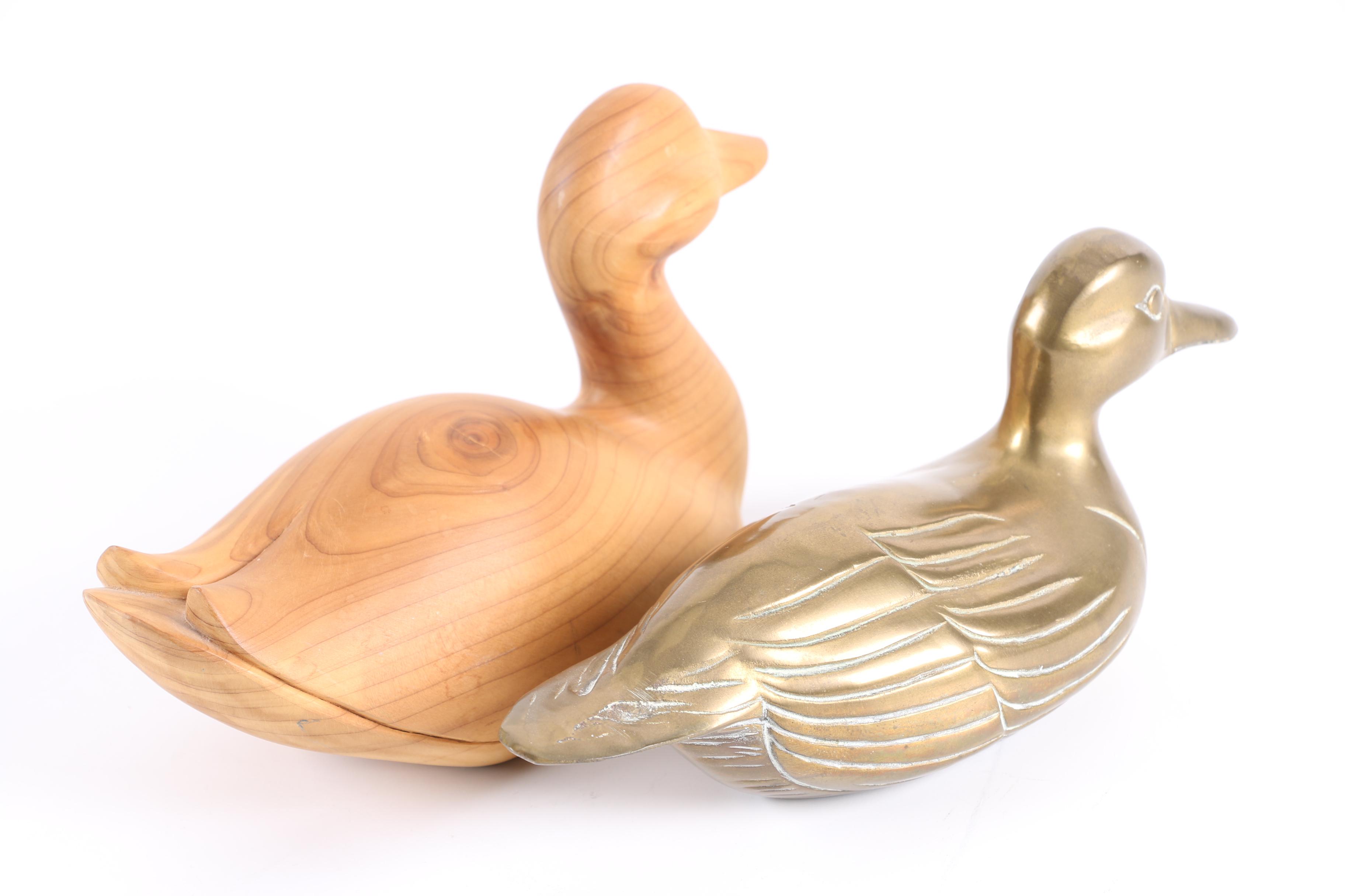 Signed V. Ledford Wood Duck Decoy and Brass Duck Decoys