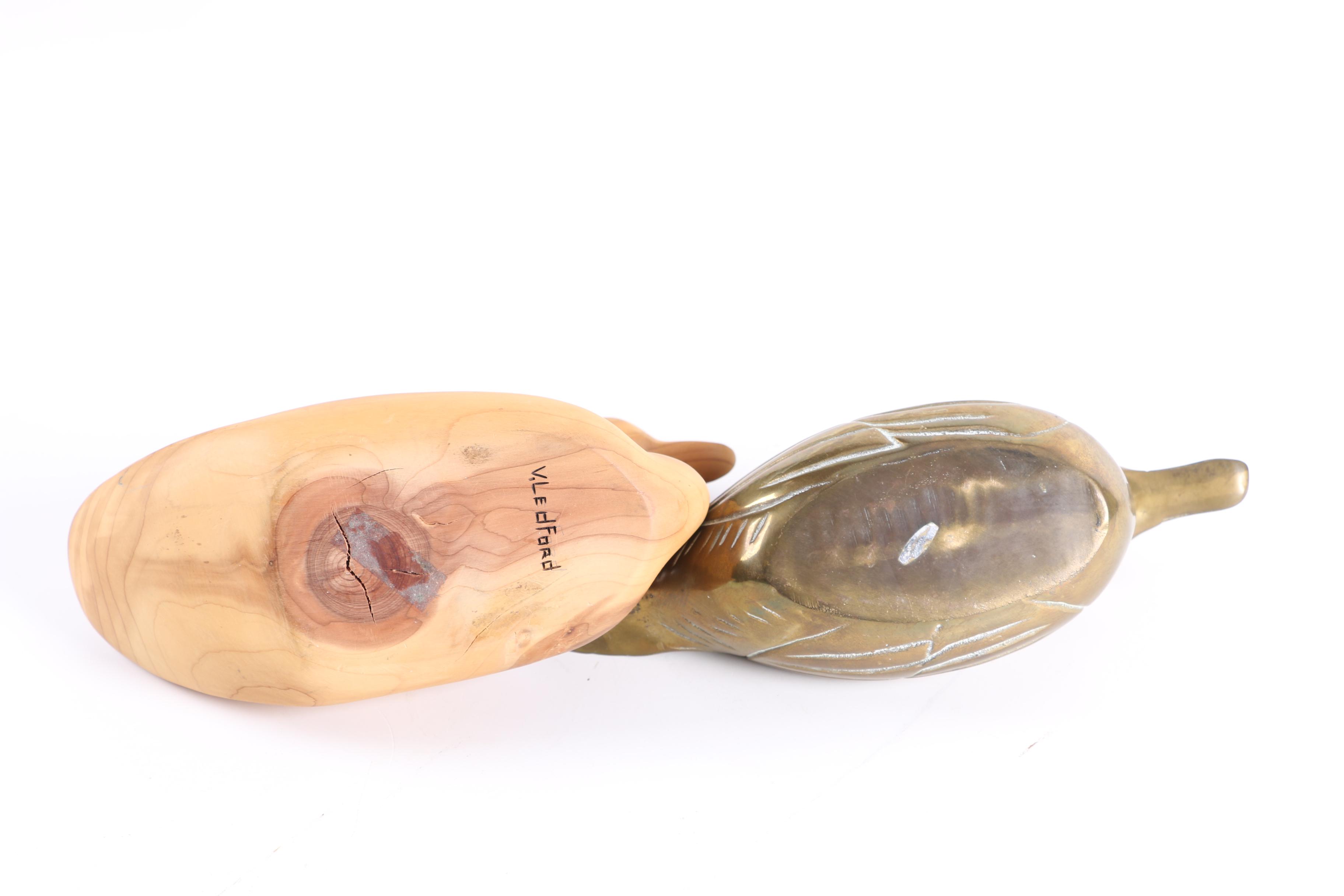 Signed V. Ledford Wood Duck Decoy and Brass Duck Decoys