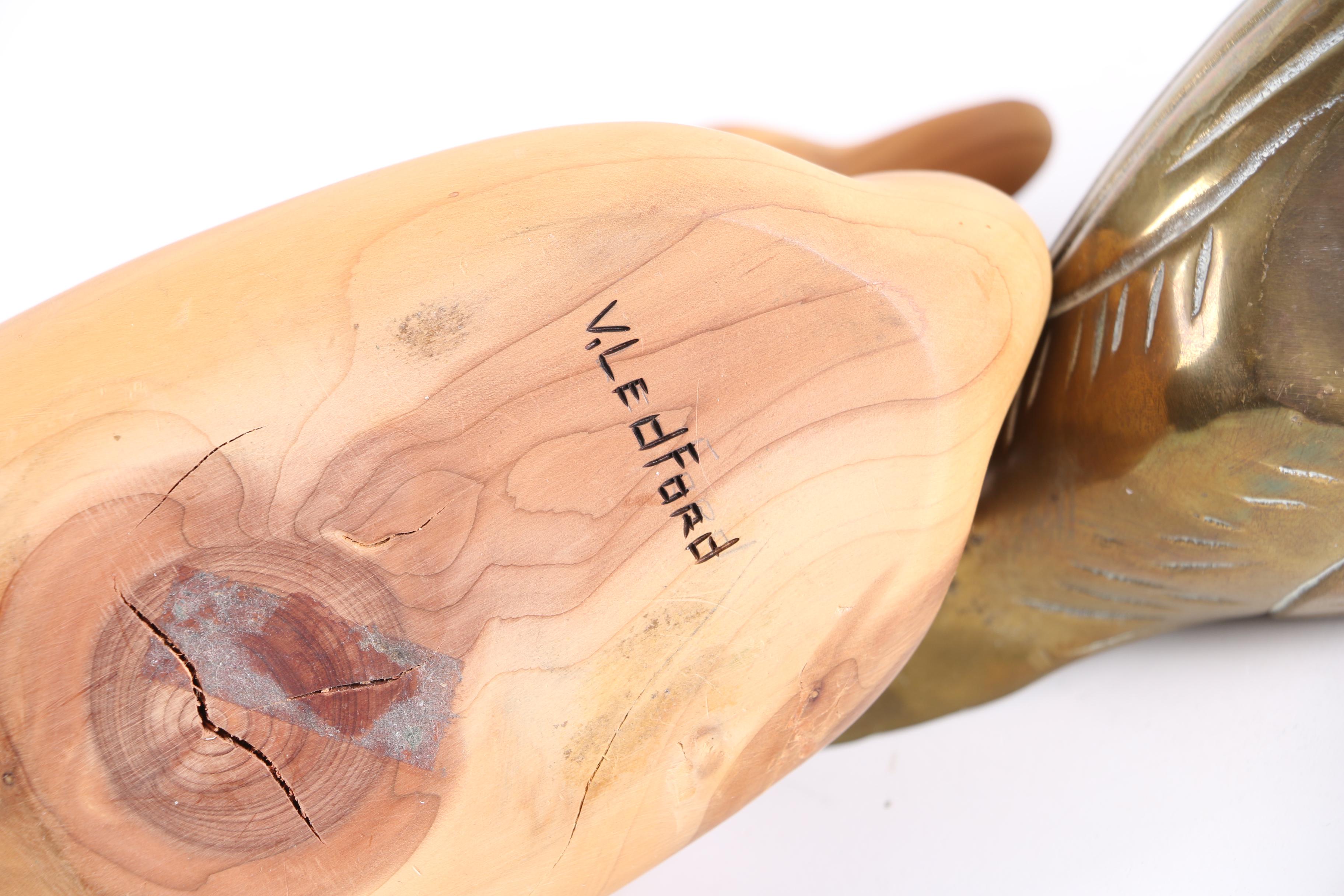 Signed V. Ledford Wood Duck Decoy and Brass Duck Decoys