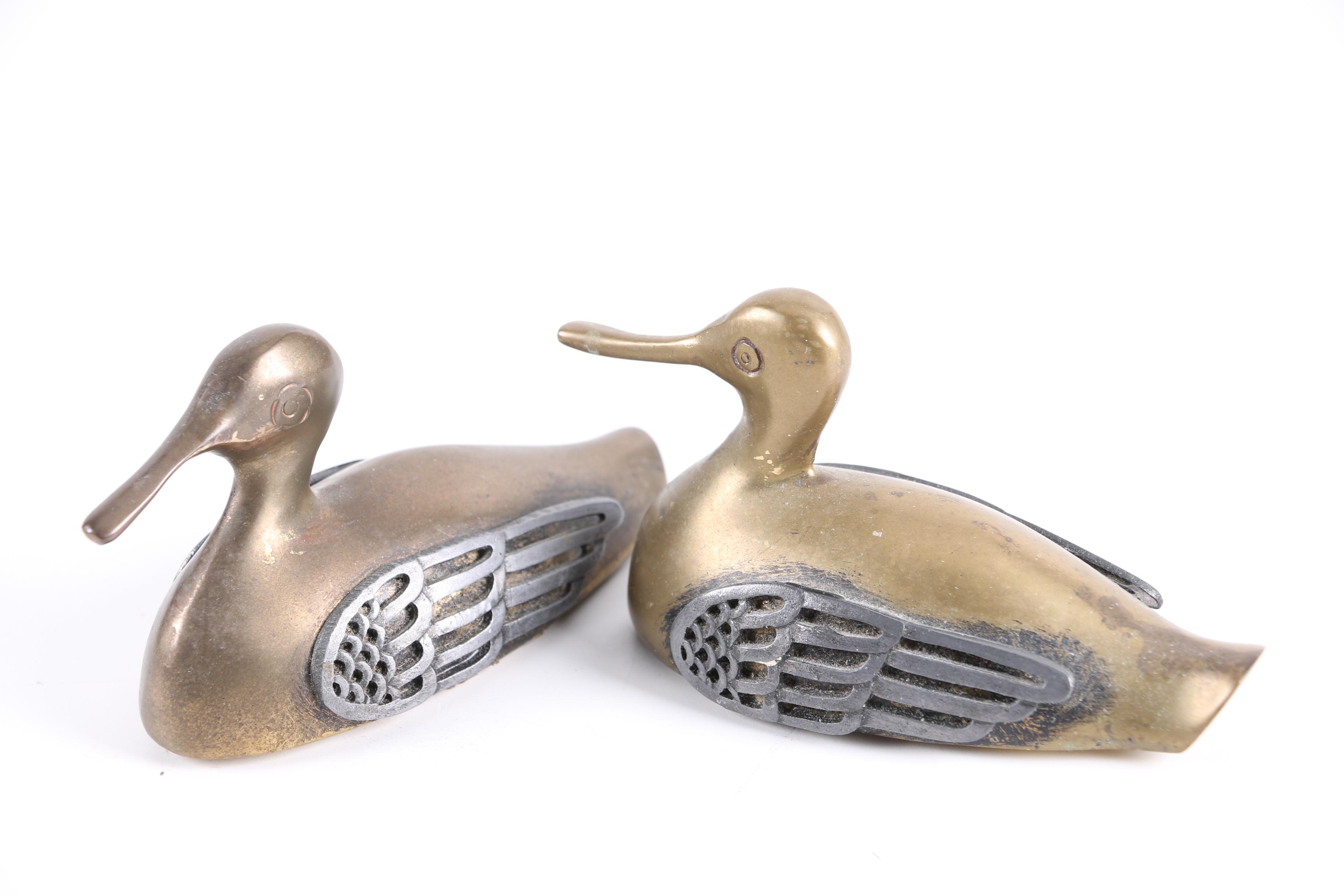 Signed V. Ledford Wood Duck Decoy and Brass Duck Decoys