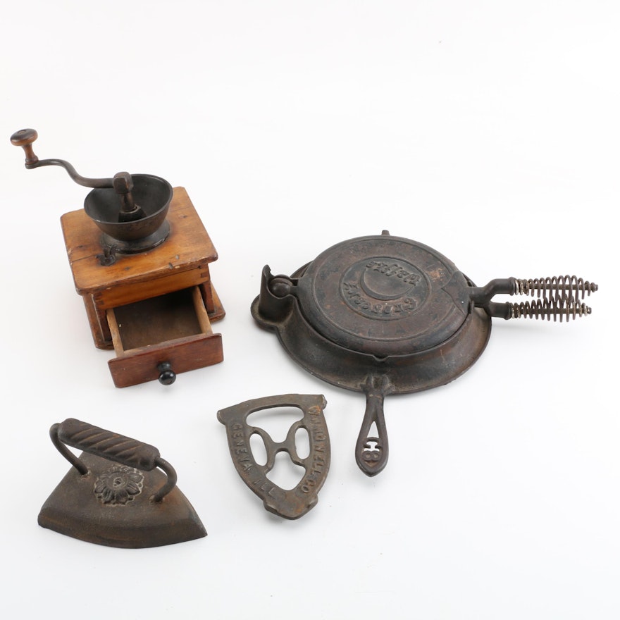 Vintage Coffee Grinder and Cast Iron Utensils