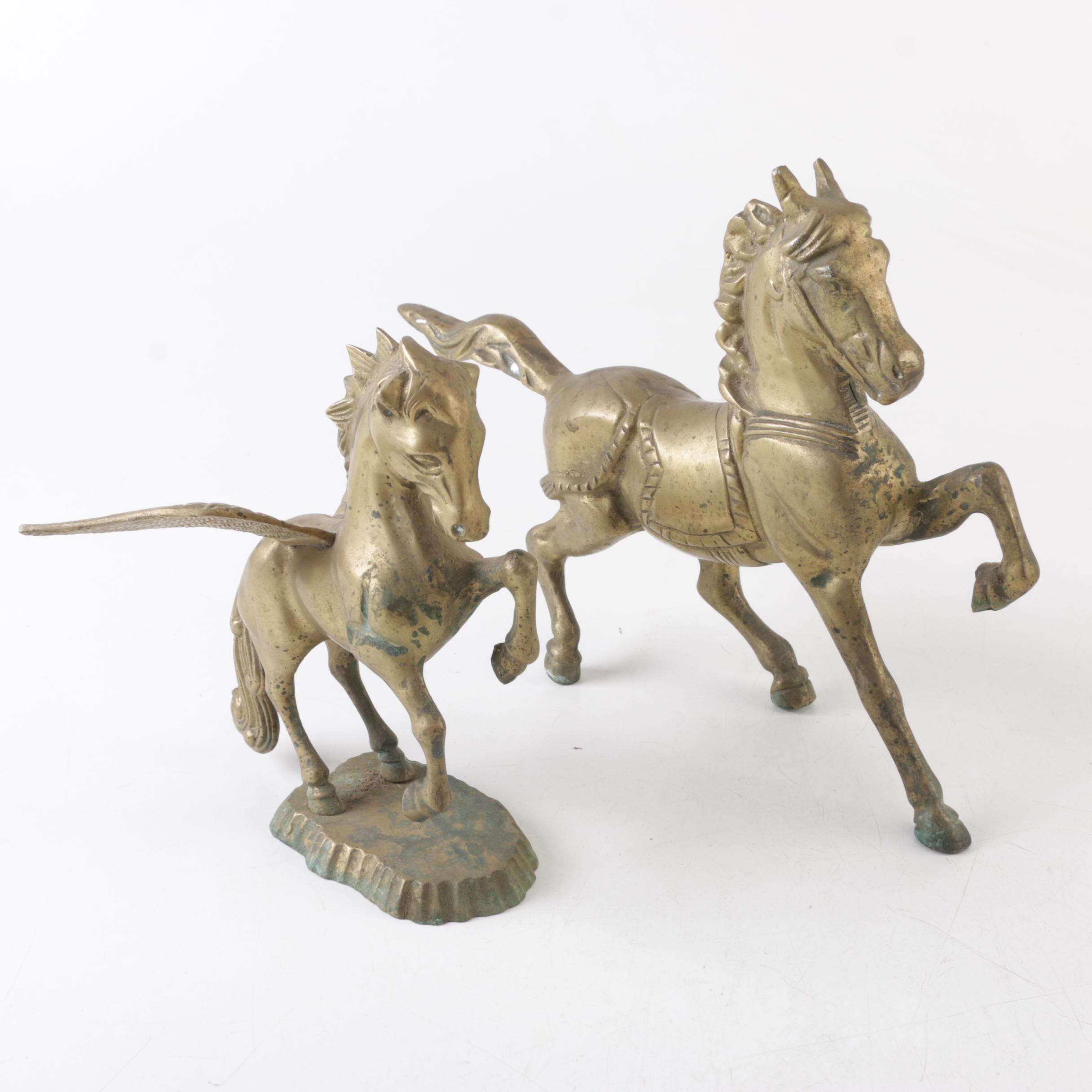 Brass Horse and Pegasus Figurines and Swedish Brass Plate