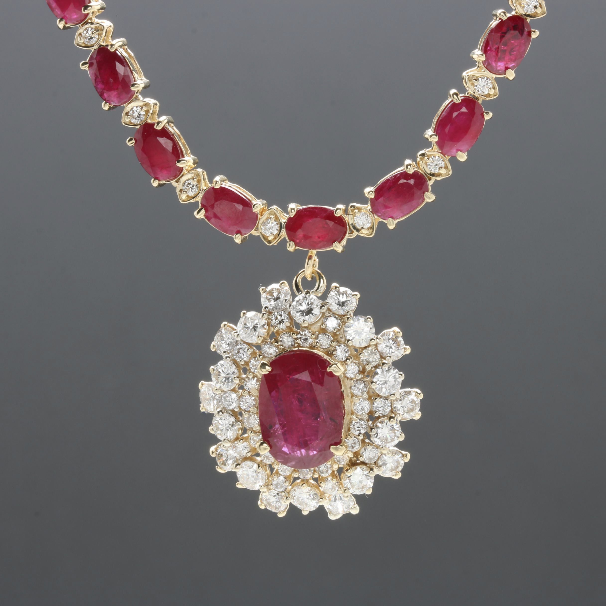 14K Yellow Gold 2.52 CT Ruby and 2.50 CTW Diamond Pendant Necklace