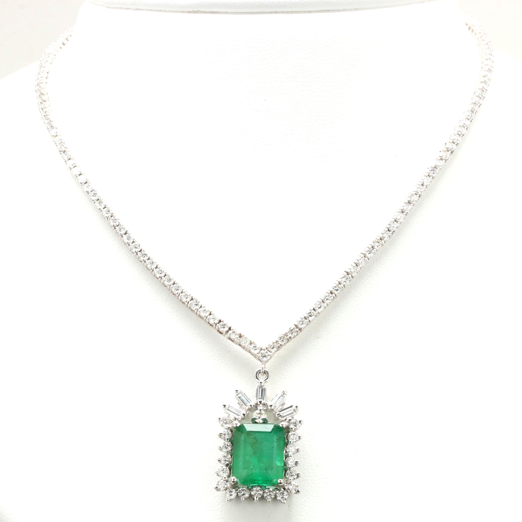 14K and 18K White Gold 4.36 CT Emerald and 3.64 CTW Diamond Necklace