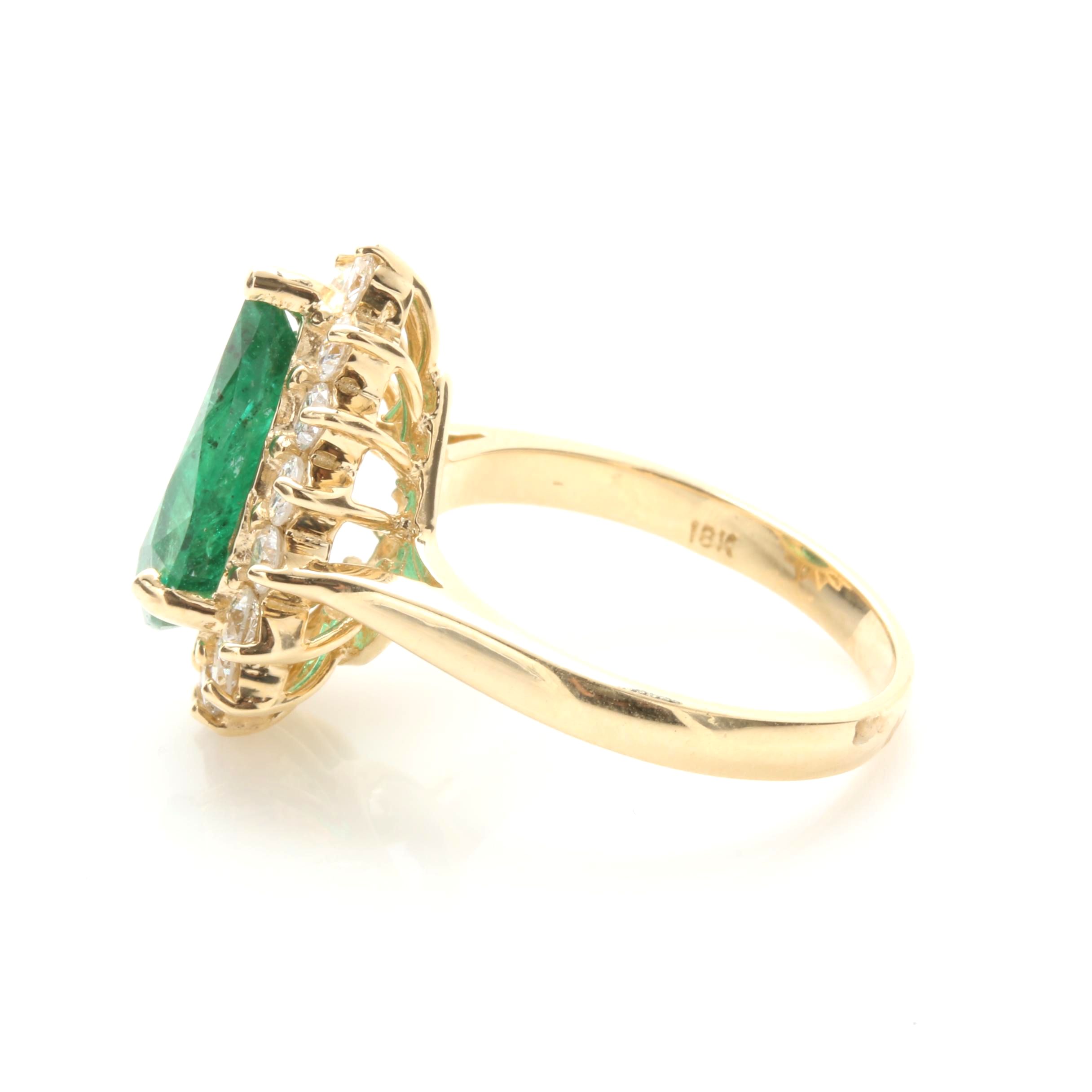 14K Yellow Gold 3.18 CT Emerald and Diamond Ring