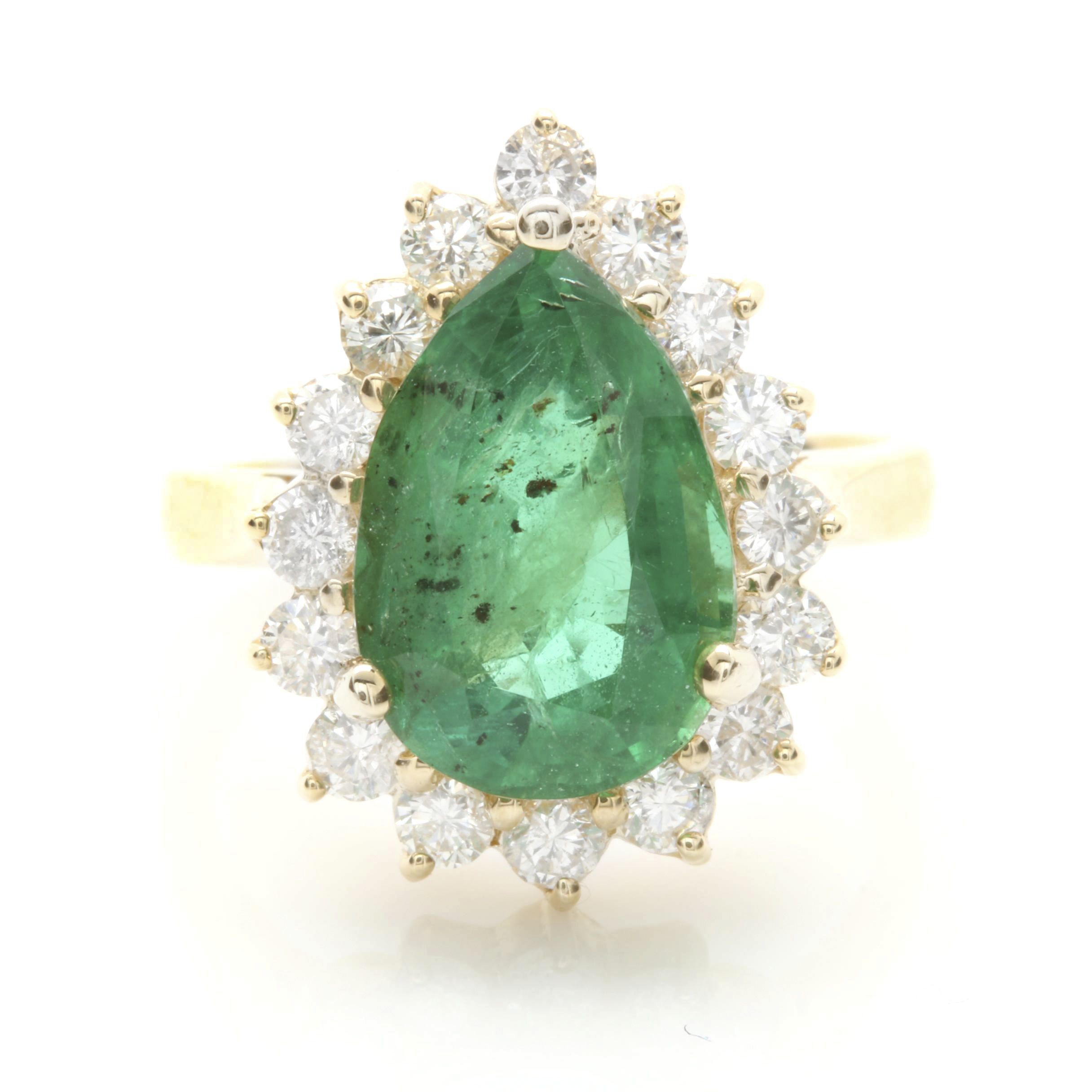 14K Yellow Gold 3.18 CT Emerald and Diamond Ring