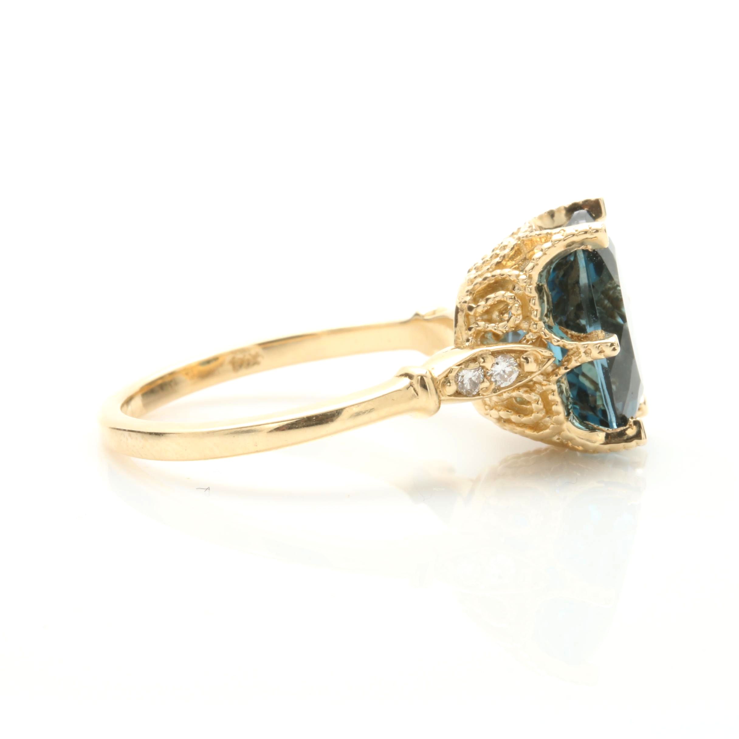 14K Yellow Gold Blue Topaz and Diamond Ring