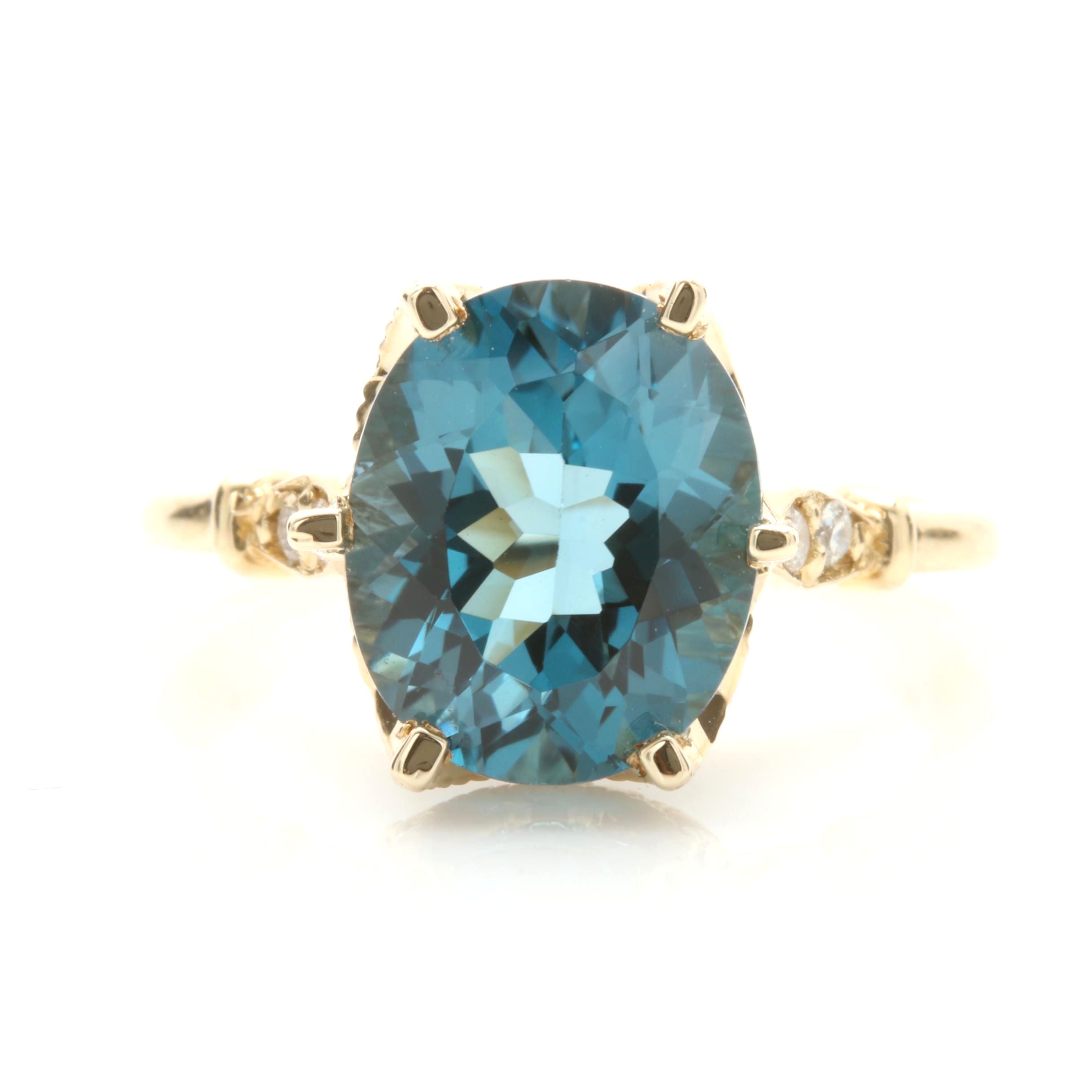 14K Yellow Gold Blue Topaz and Diamond Ring