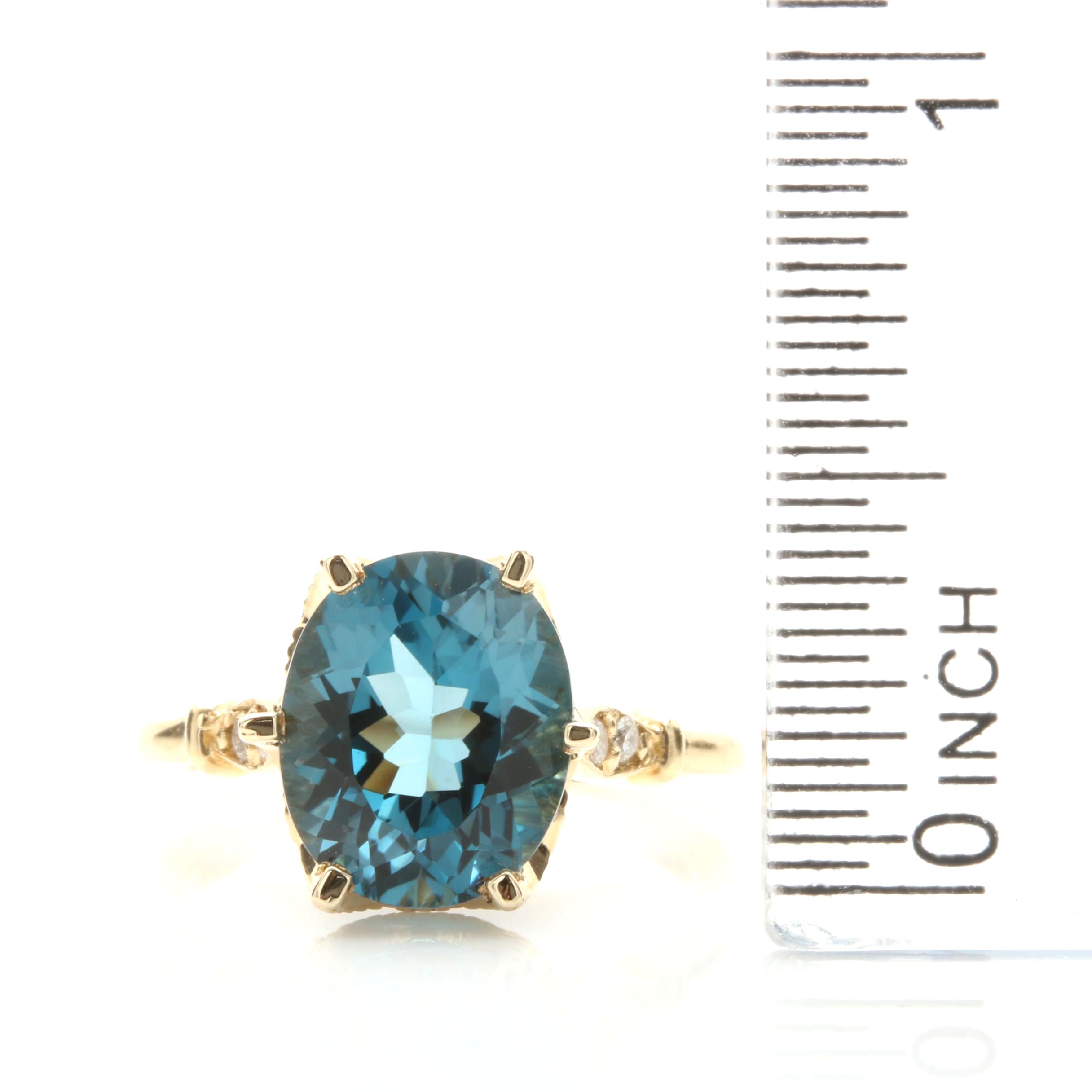 14K Yellow Gold Blue Topaz and Diamond Ring