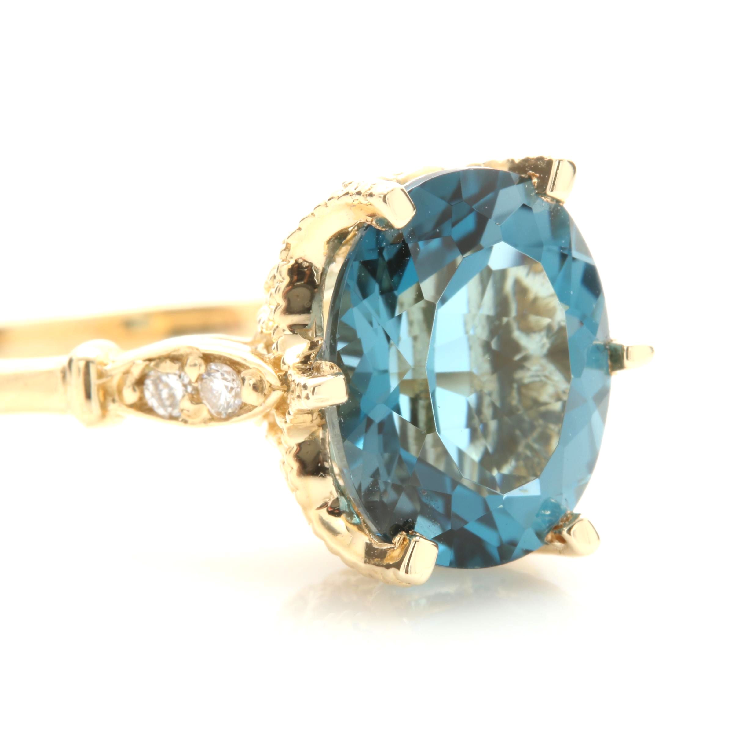 14K Yellow Gold Blue Topaz and Diamond Ring