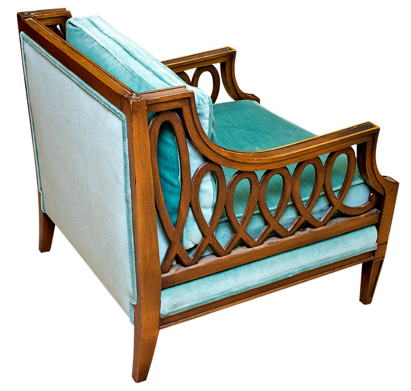 Louis XVI Style Pierced Lattice Armchair with Teal Velour Upholstery