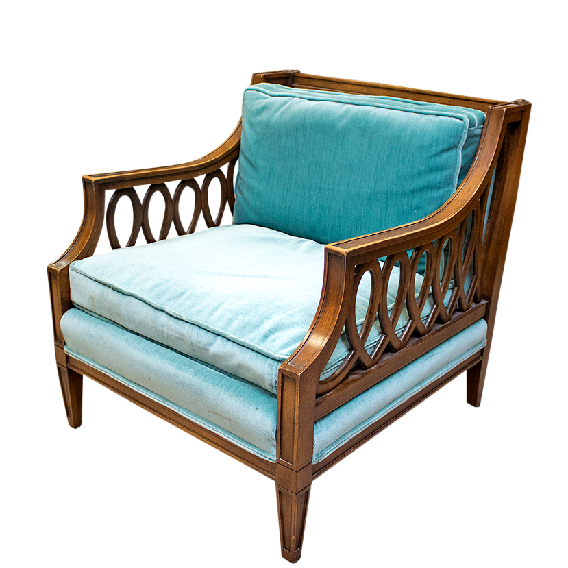 Louis XVI Style Pierced Lattice Armchair with Teal Velour Upholstery