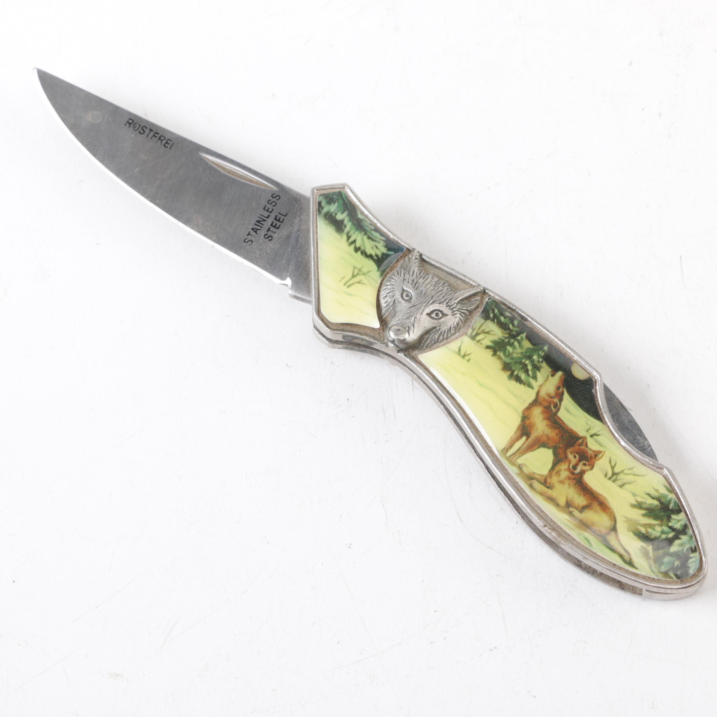 Rostfrei Wolf-Themed Pocket Knife with Case and Sheath