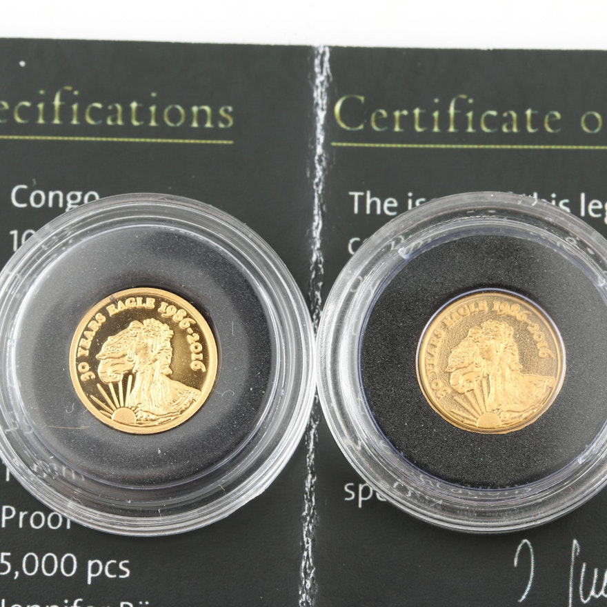 Two 2016 Republic of the Congo 100 Francs Commemorative Proof Gold Coins