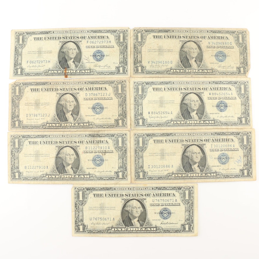 Seven Vintage U.S. $1 Silver Certificates