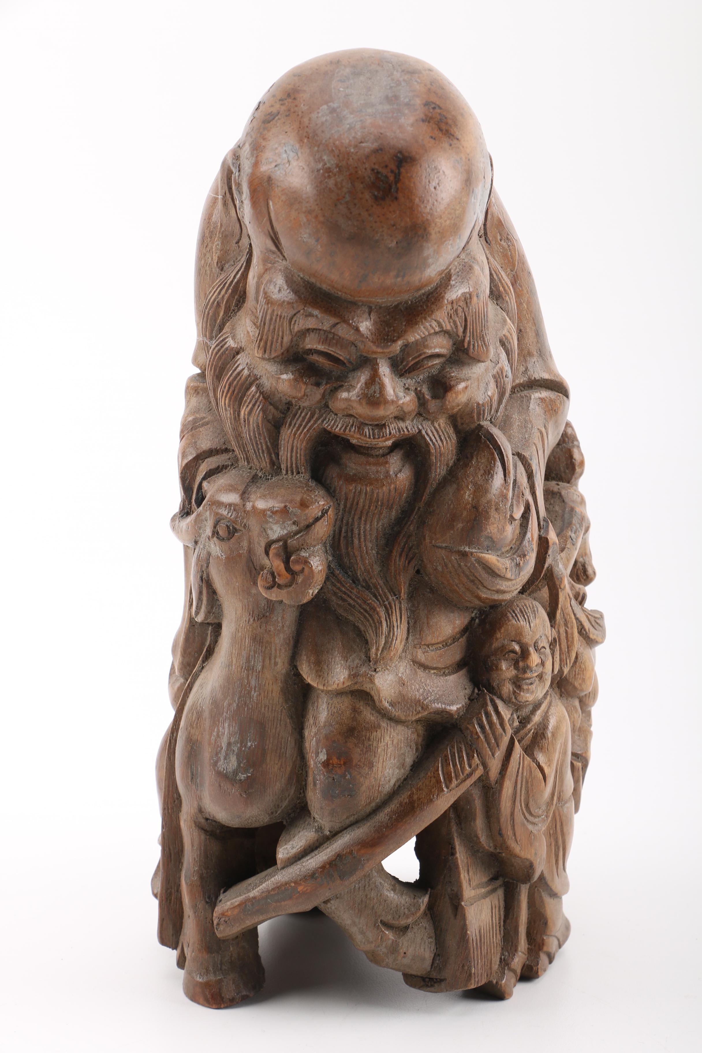 East Asian Wood Sculpture of the God of Longevity
