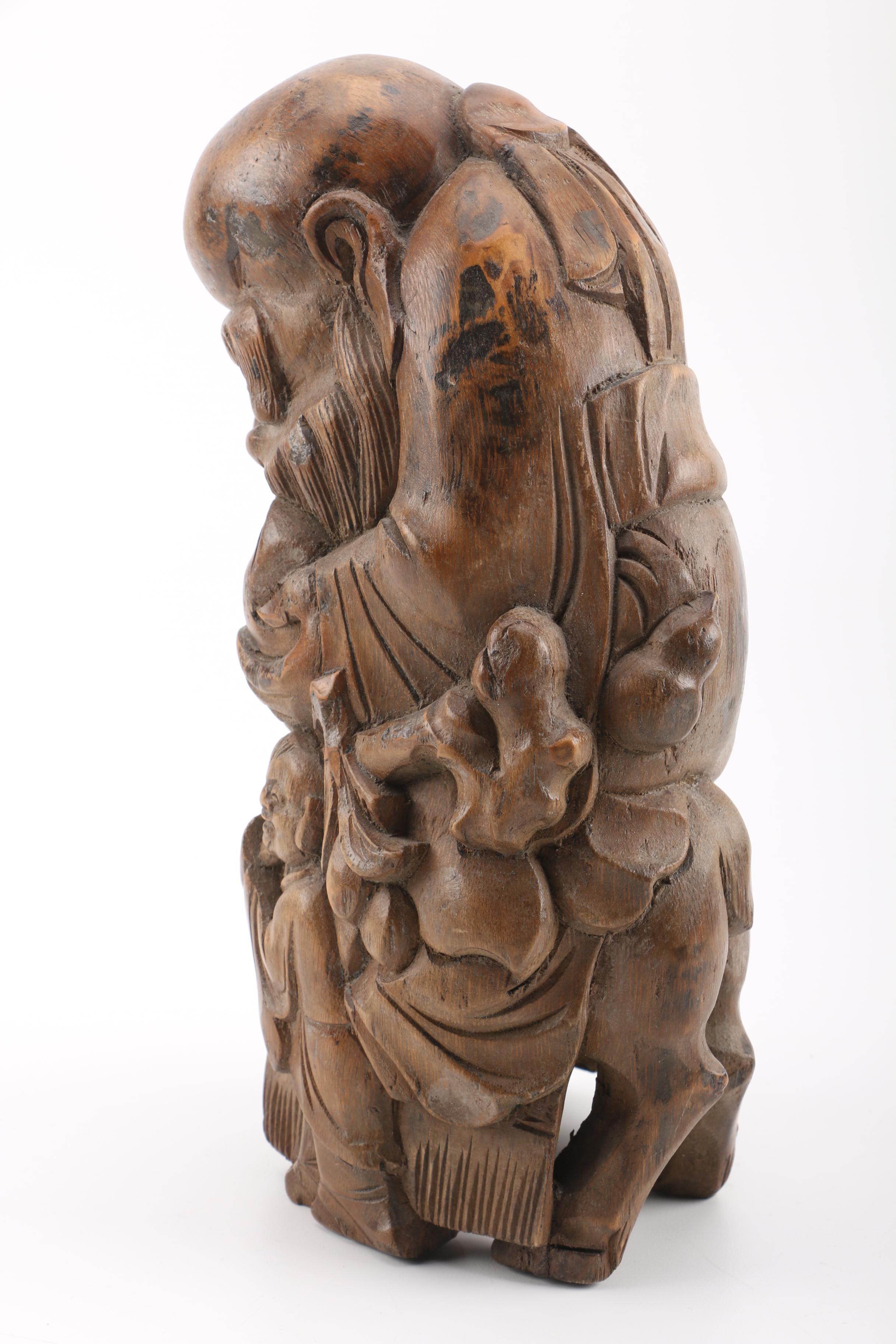 East Asian Wood Sculpture of the God of Longevity