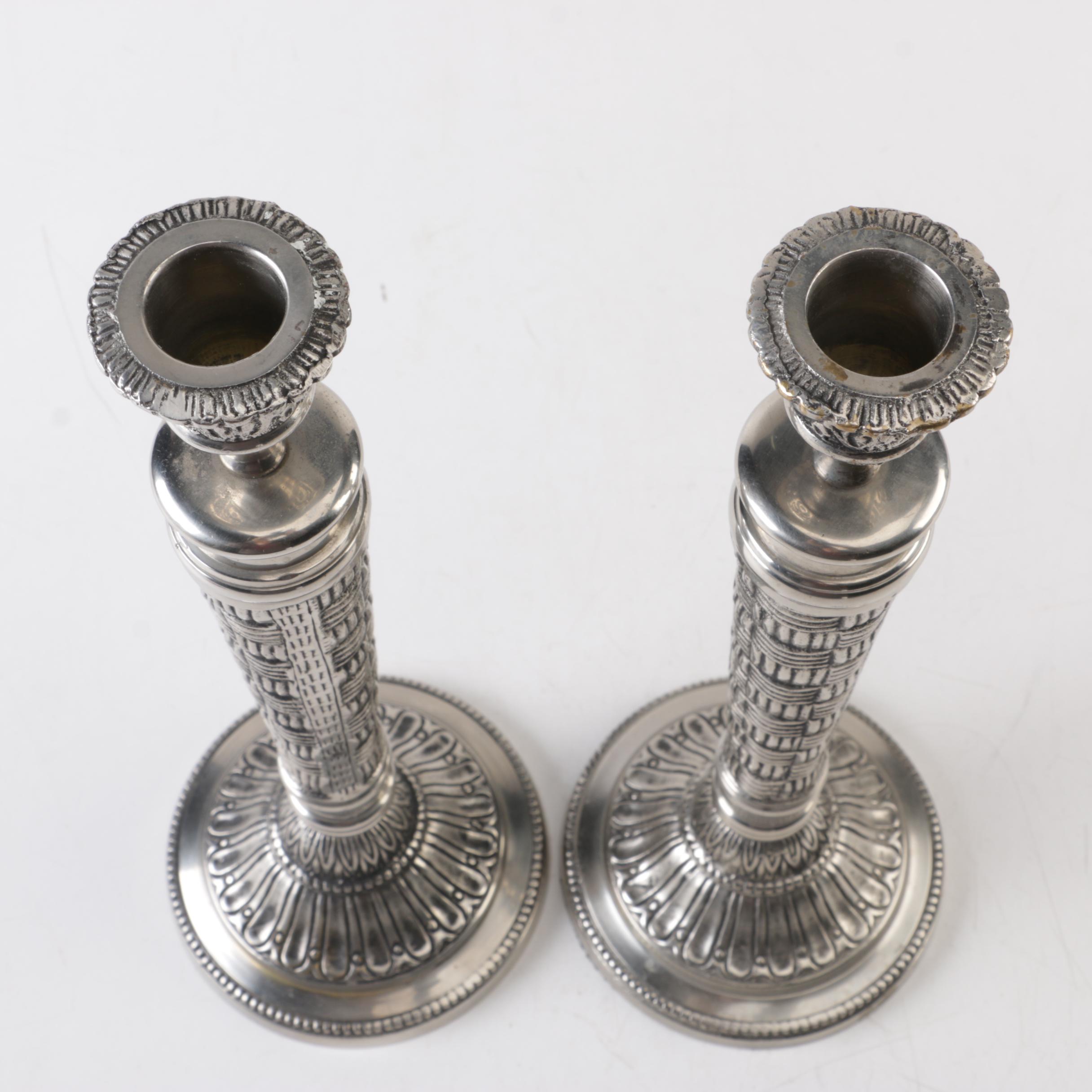 Silver Tone Basket Weave Motif Candlesticks