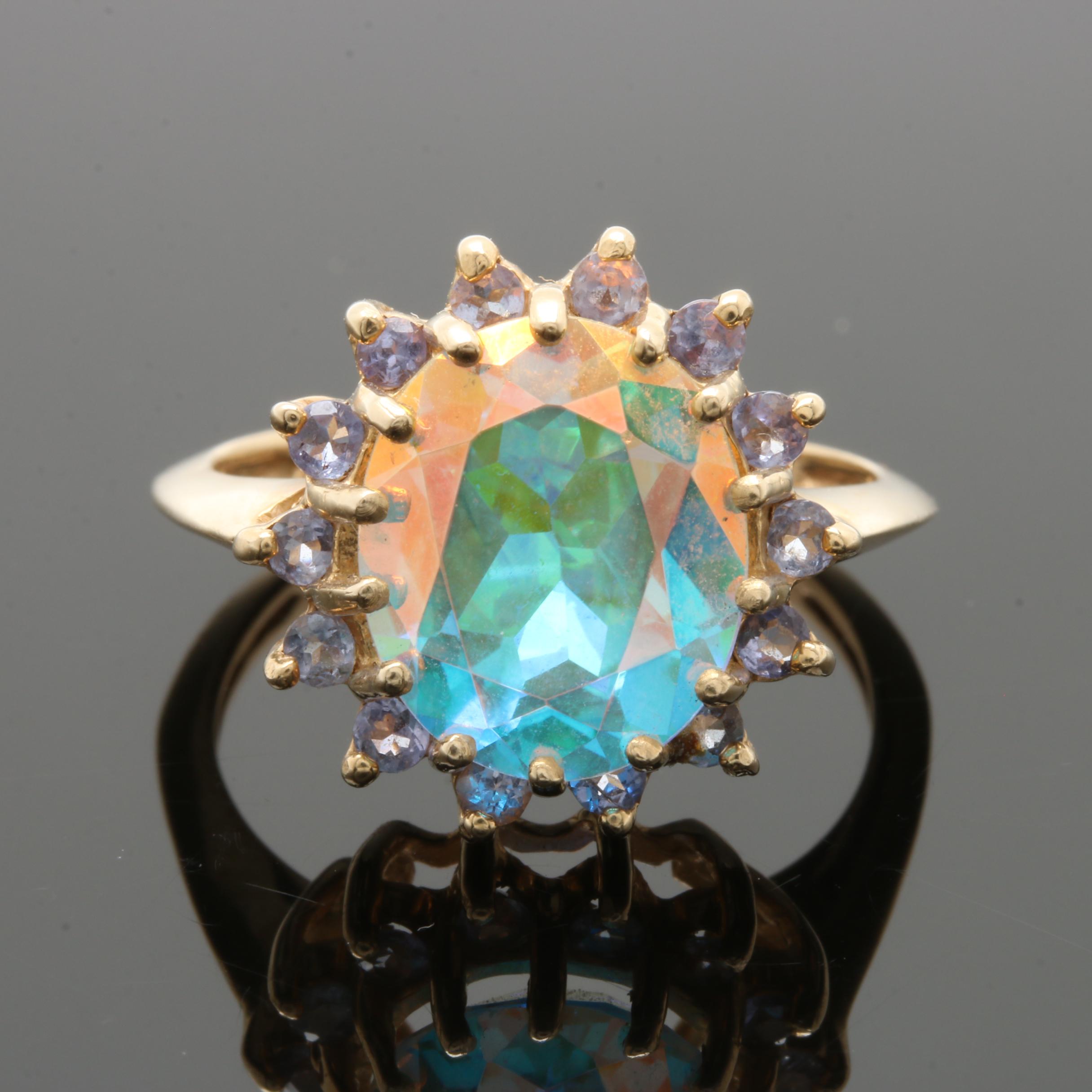 14K Yellow Gold Mystic Topaz and Tanzanite Ring