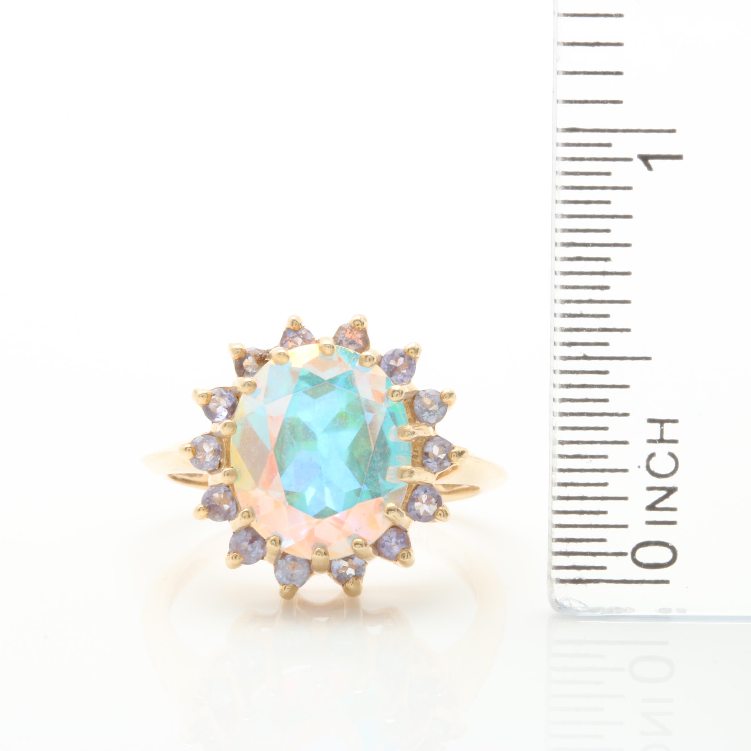 14K Yellow Gold Mystic Topaz and Tanzanite Ring