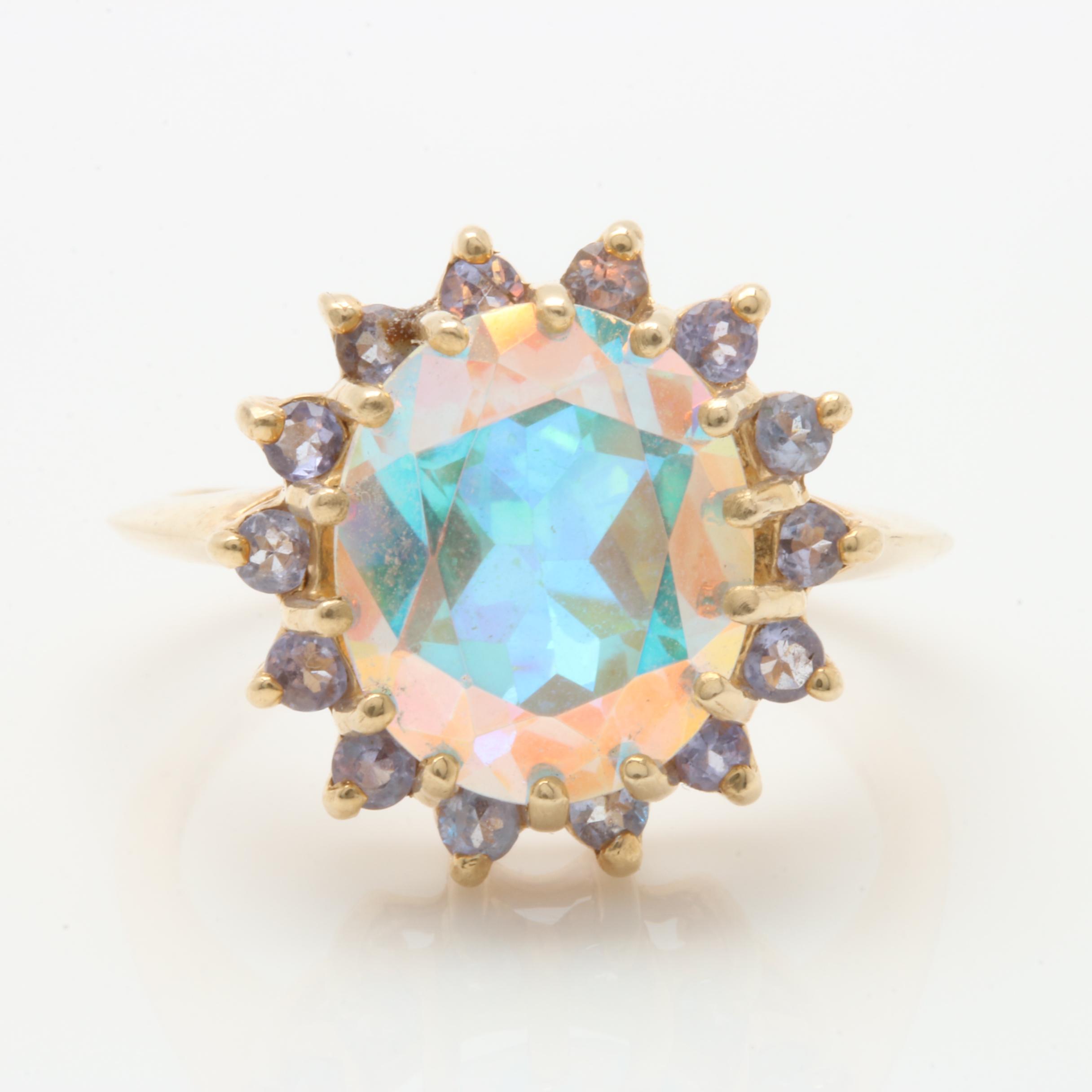 14K Yellow Gold Mystic Topaz and Tanzanite Ring
