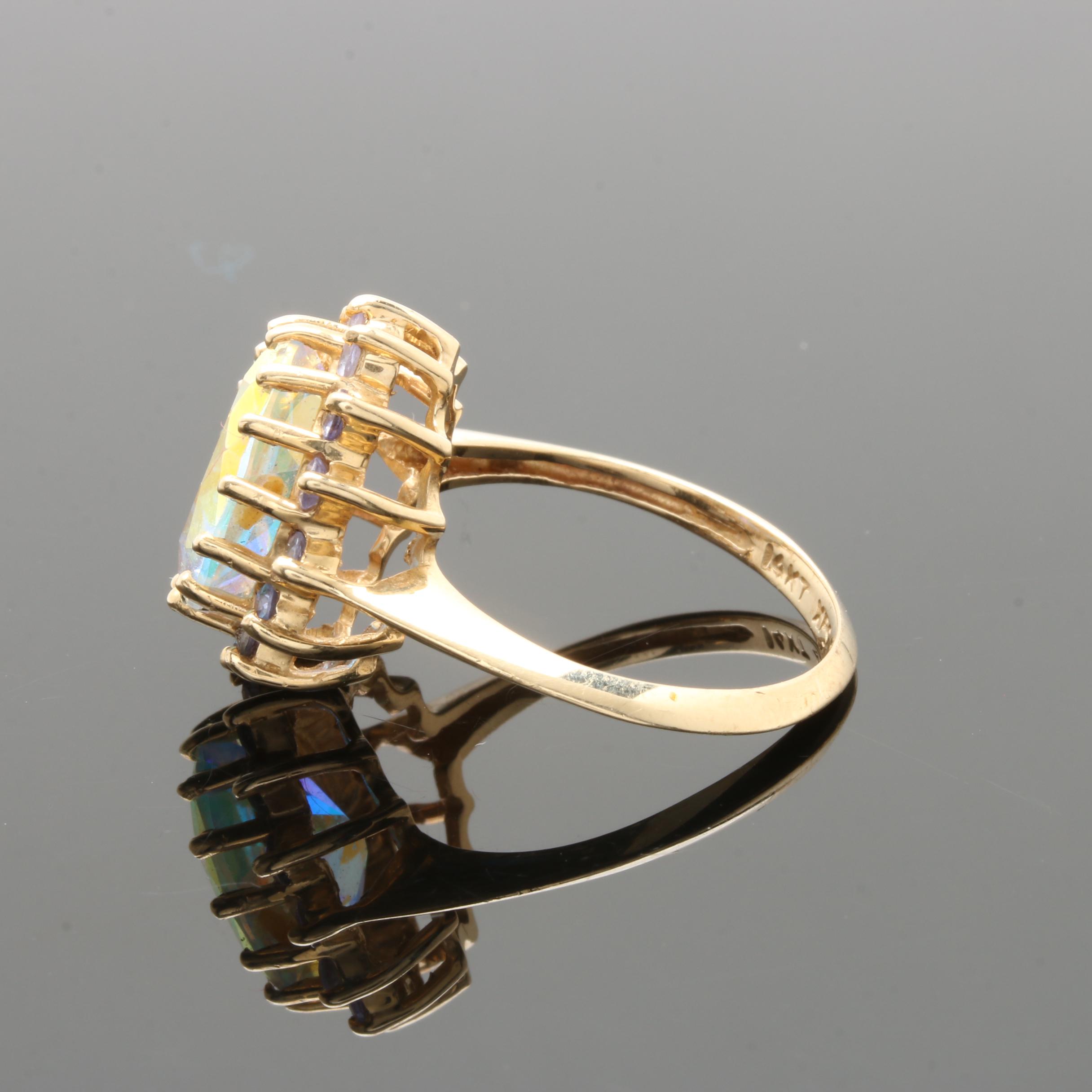 14K Yellow Gold Mystic Topaz and Tanzanite Ring