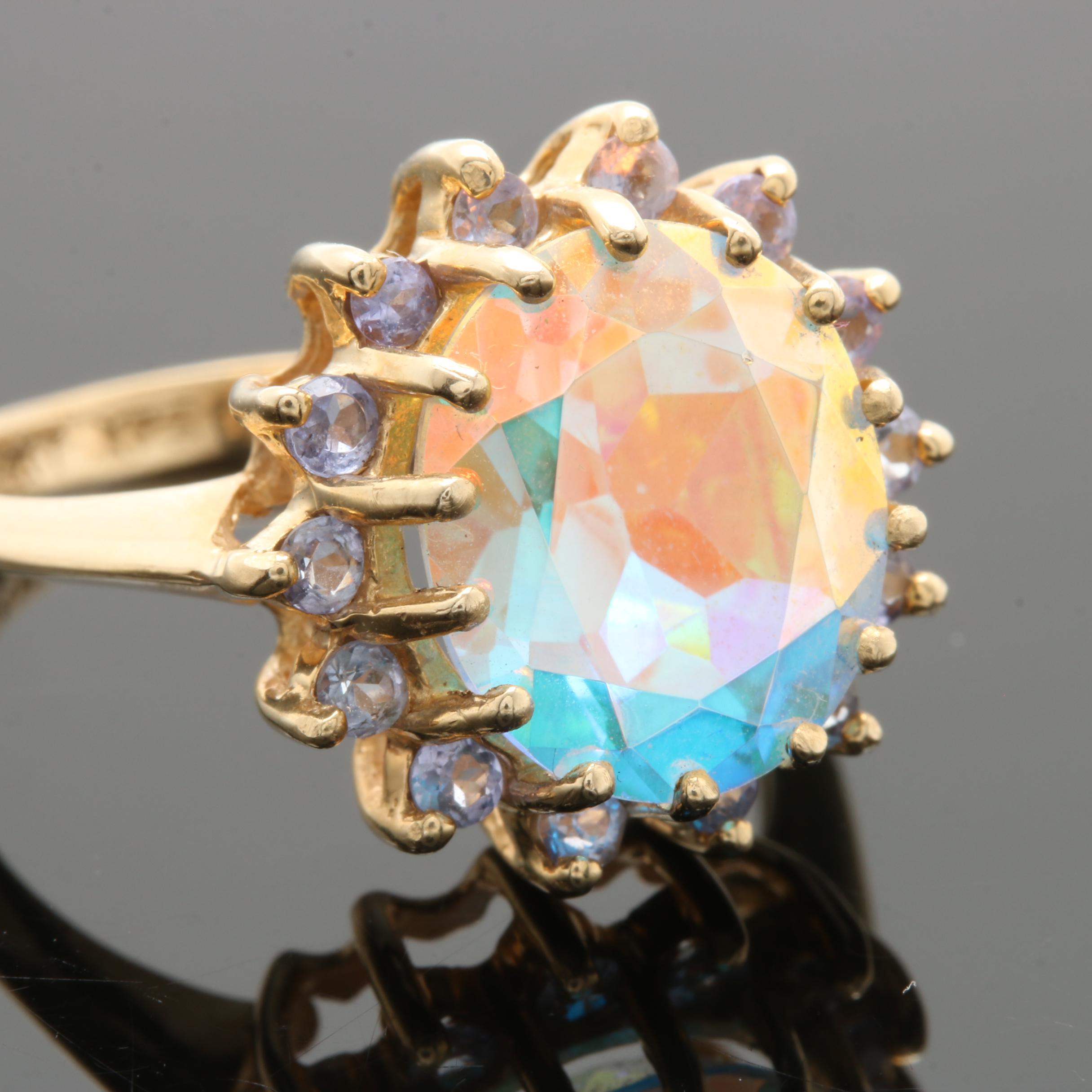 14K Yellow Gold Mystic Topaz and Tanzanite Ring