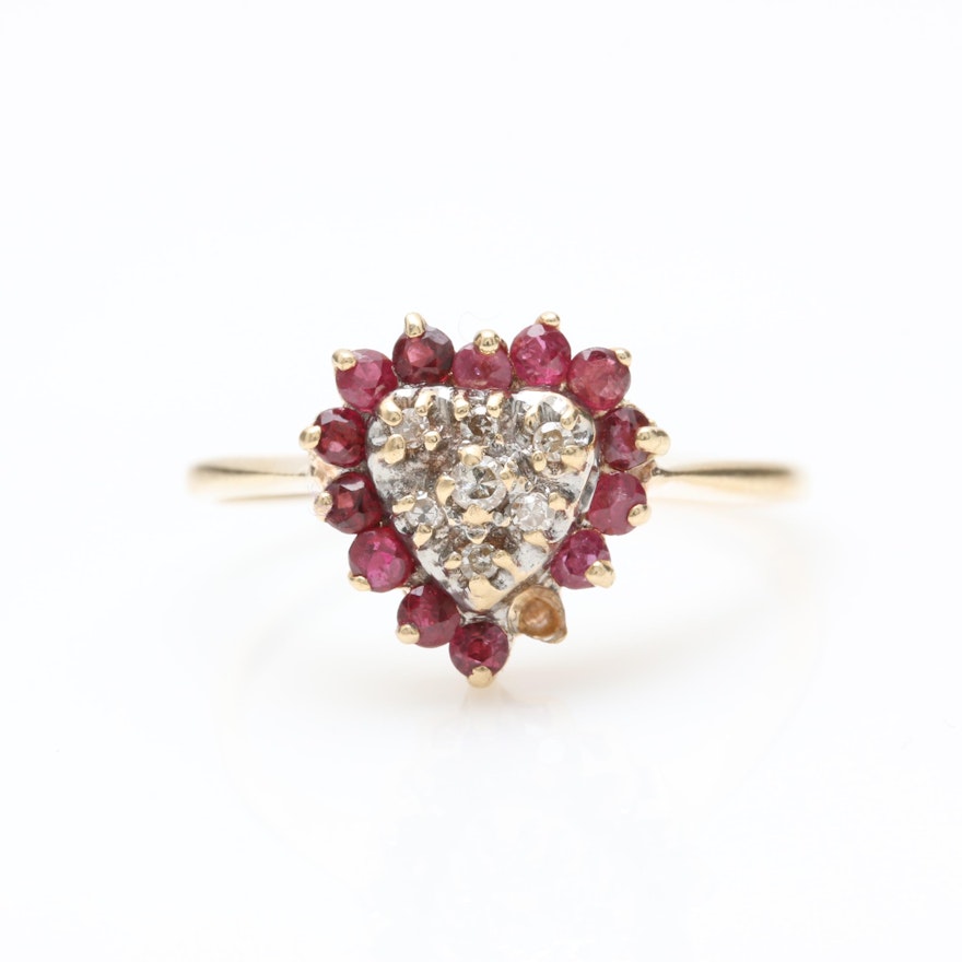 14K Yellow Gold Diamond and Ruby Heart Ring