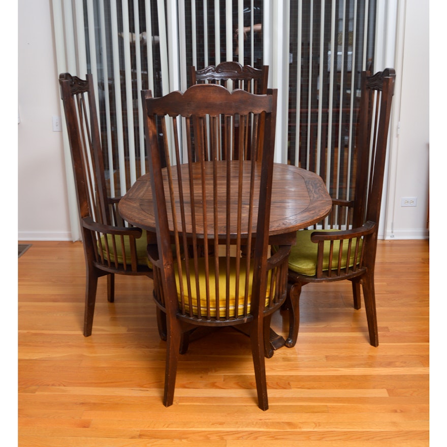 Dining Table and Set of Four Vintage Carved Wood Chairs