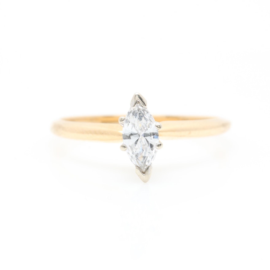 14K Yellow Gold Marquise Diamond Solitare Ring