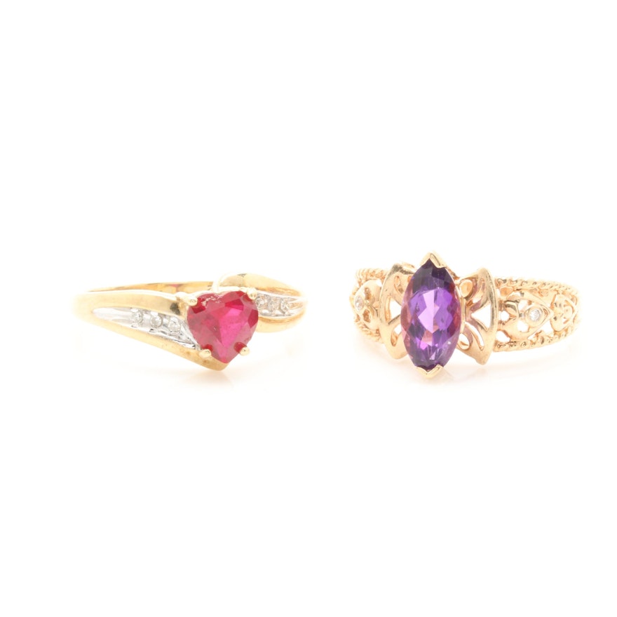 10K Yellow Gold Amethyst, Synthetic Ruby, and Diamond Ring Selection