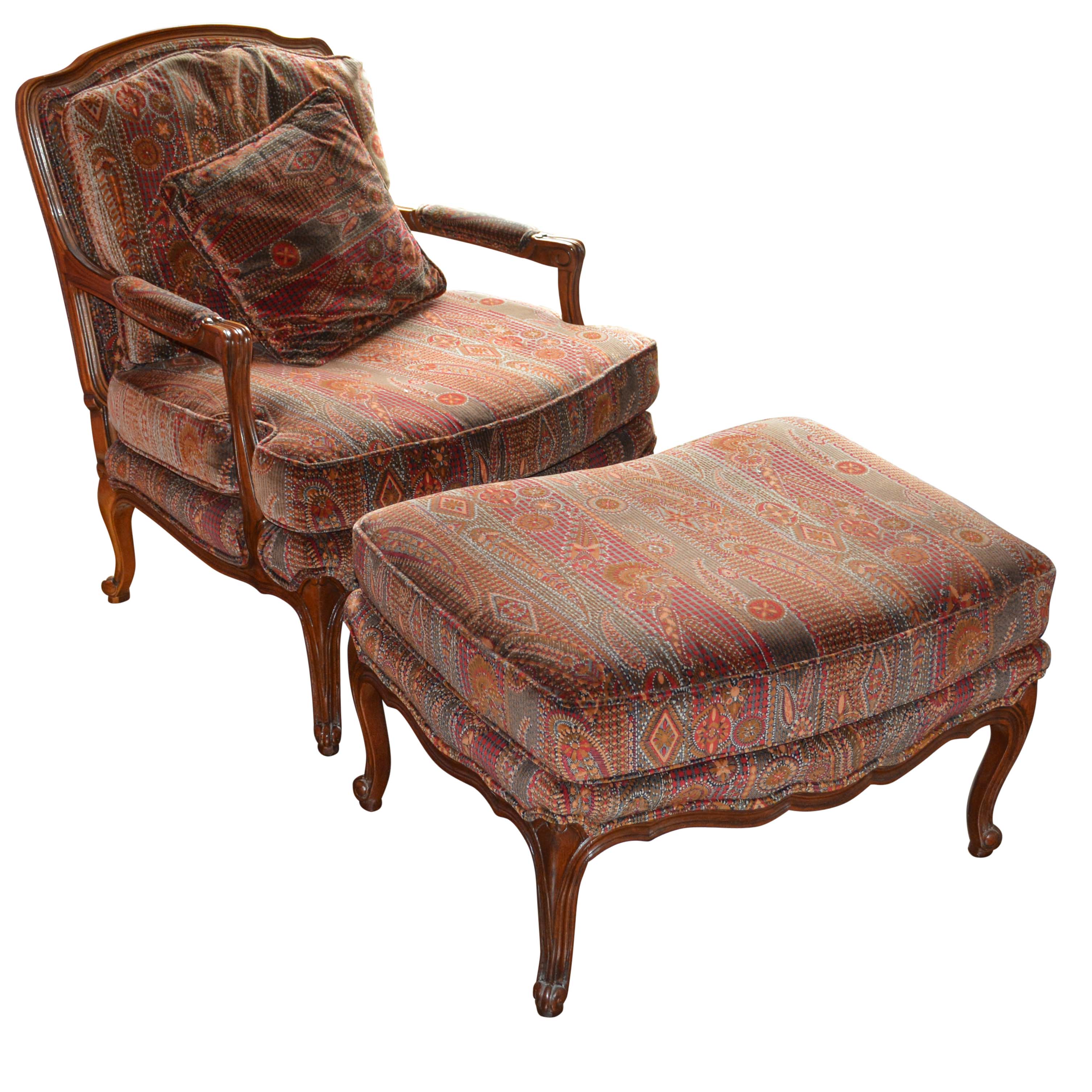 Vintage Louis XV Style Upholstered Armchair and Ottoman by Baker Furniture