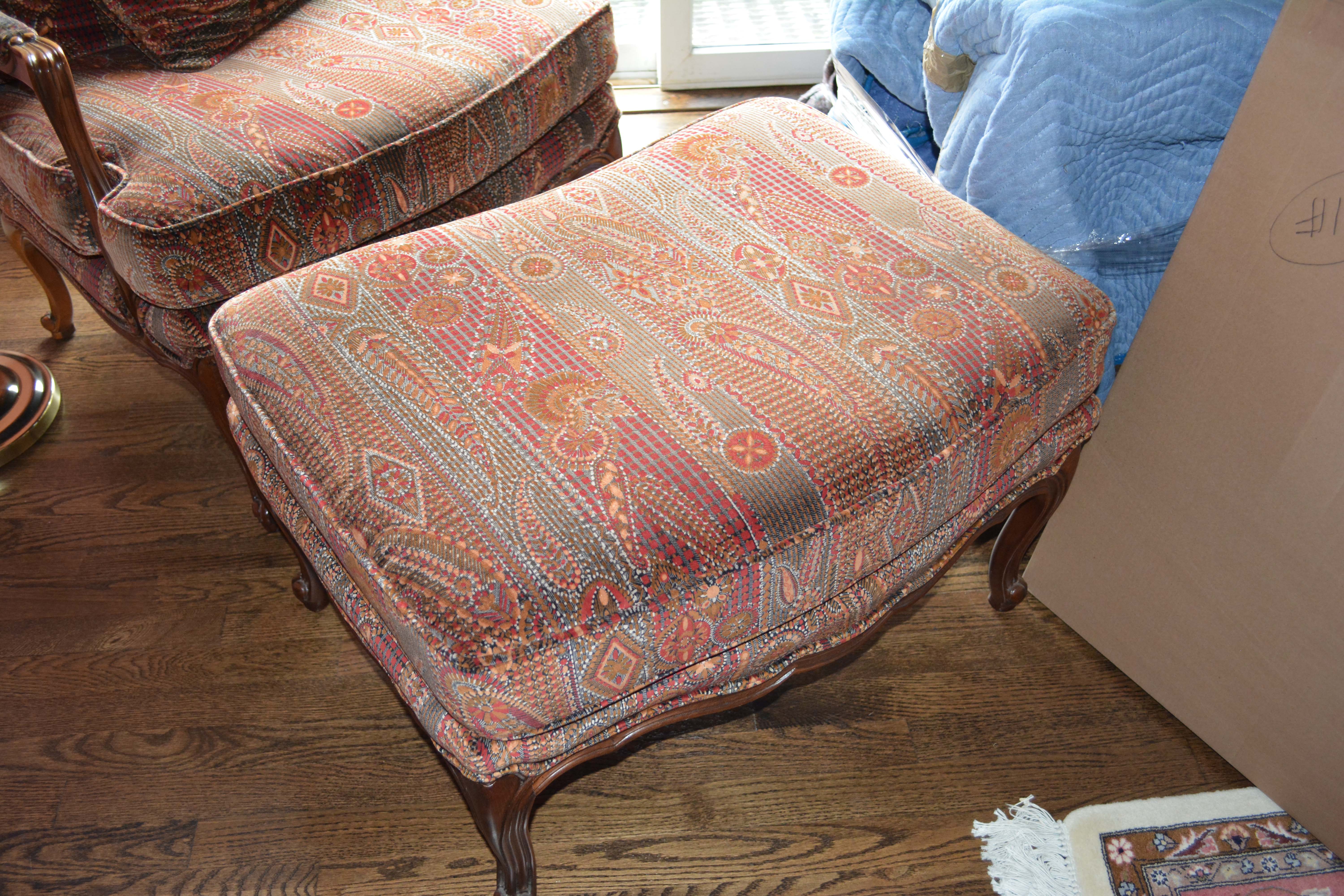 Vintage Louis XV Style Upholstered Armchair and Ottoman by Baker Furniture