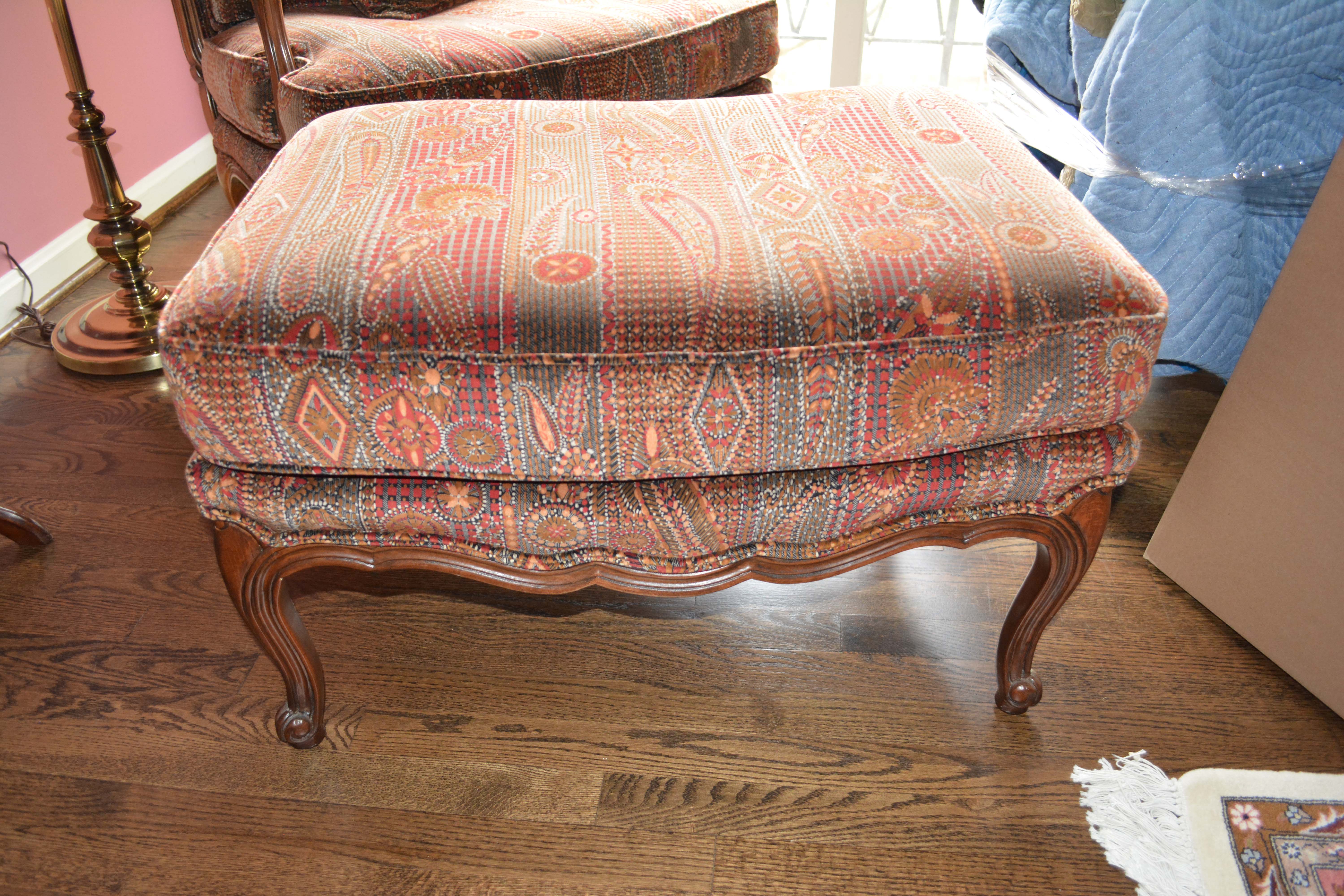 Vintage Louis XV Style Upholstered Armchair and Ottoman by Baker Furniture