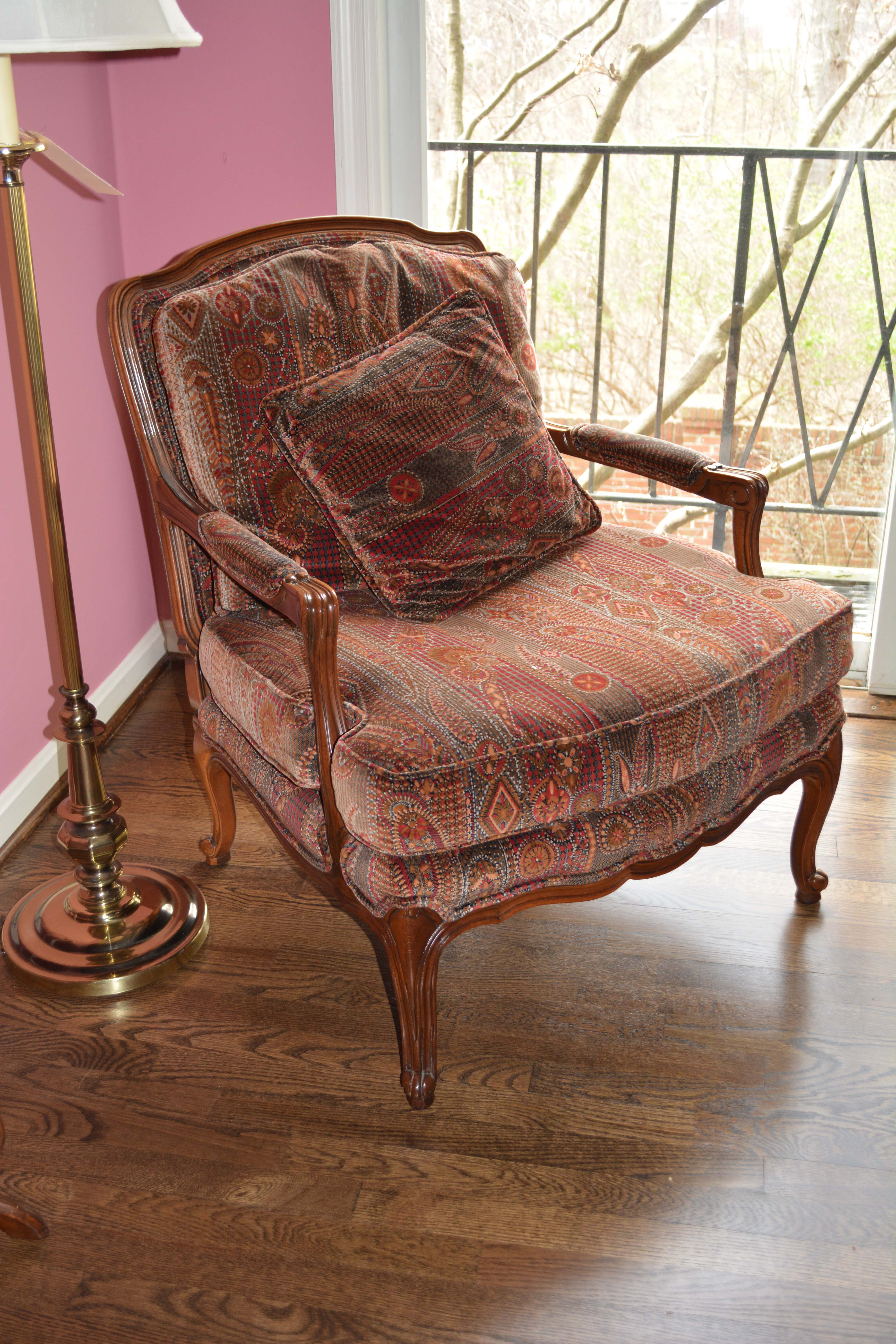 Vintage Louis XV Style Upholstered Armchair and Ottoman by Baker Furniture