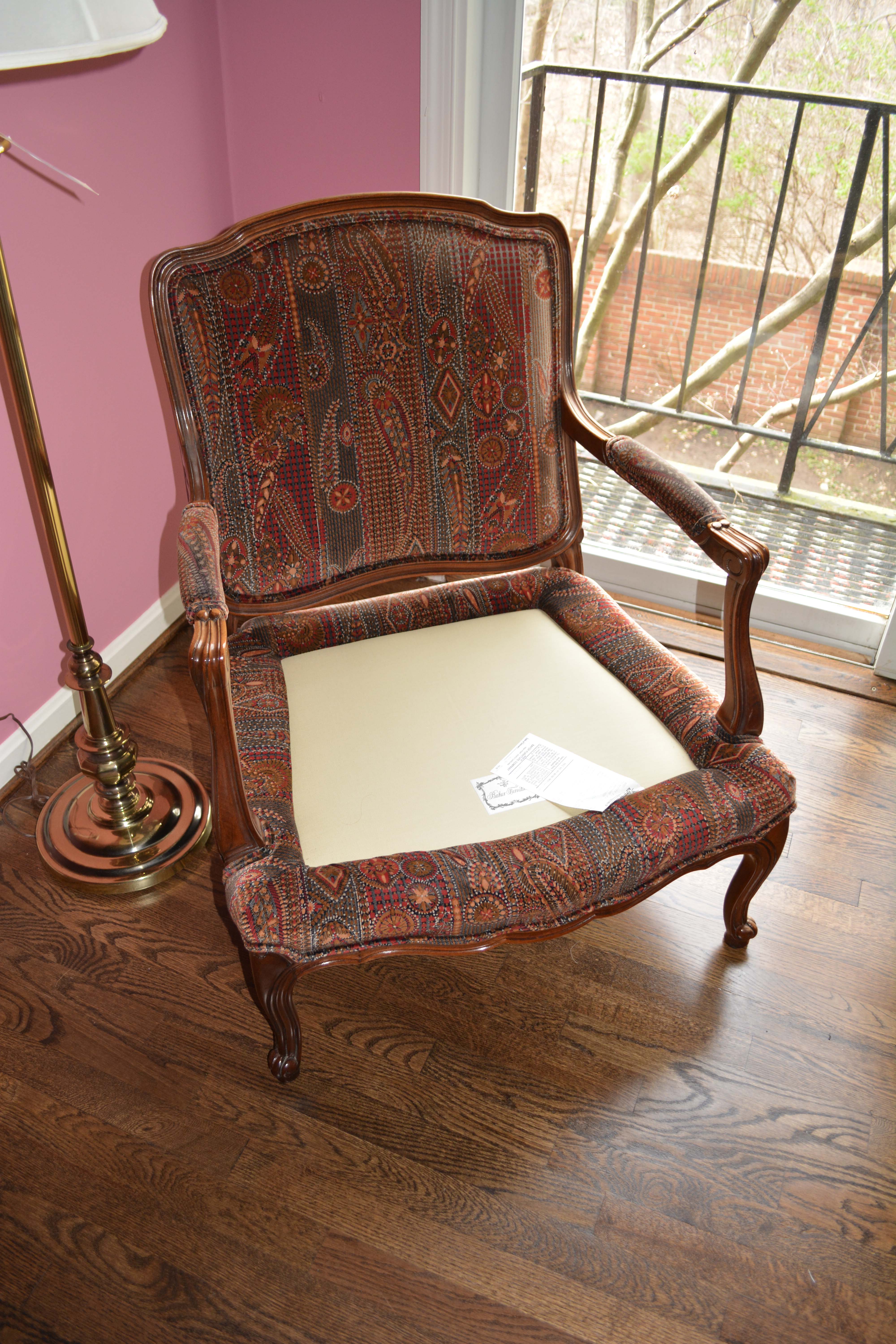 Vintage Louis XV Style Upholstered Armchair and Ottoman by Baker Furniture
