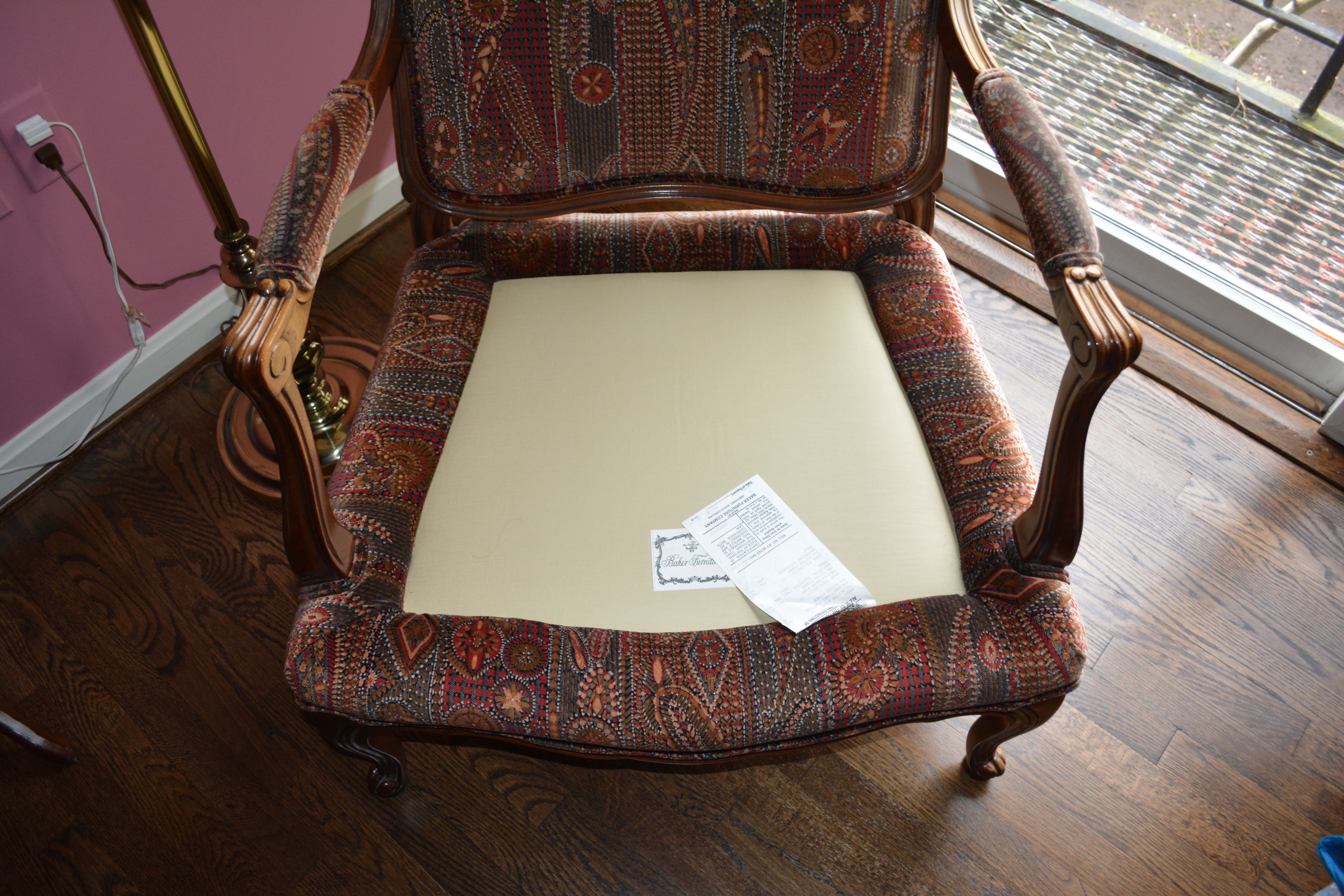 Vintage Louis XV Style Upholstered Armchair and Ottoman by Baker Furniture