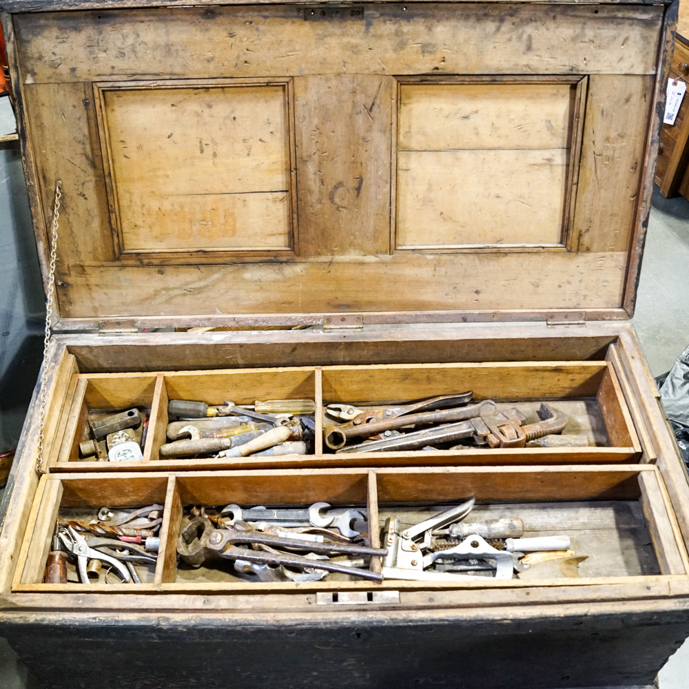 Vintage Wooden Tool Chest with Removable Tray Inserts and Tools