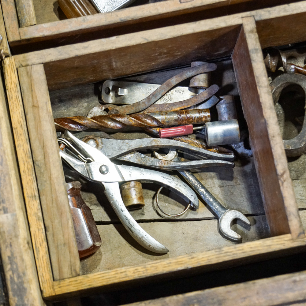 Vintage Wooden Tool Chest with Removable Tray Inserts and Tools