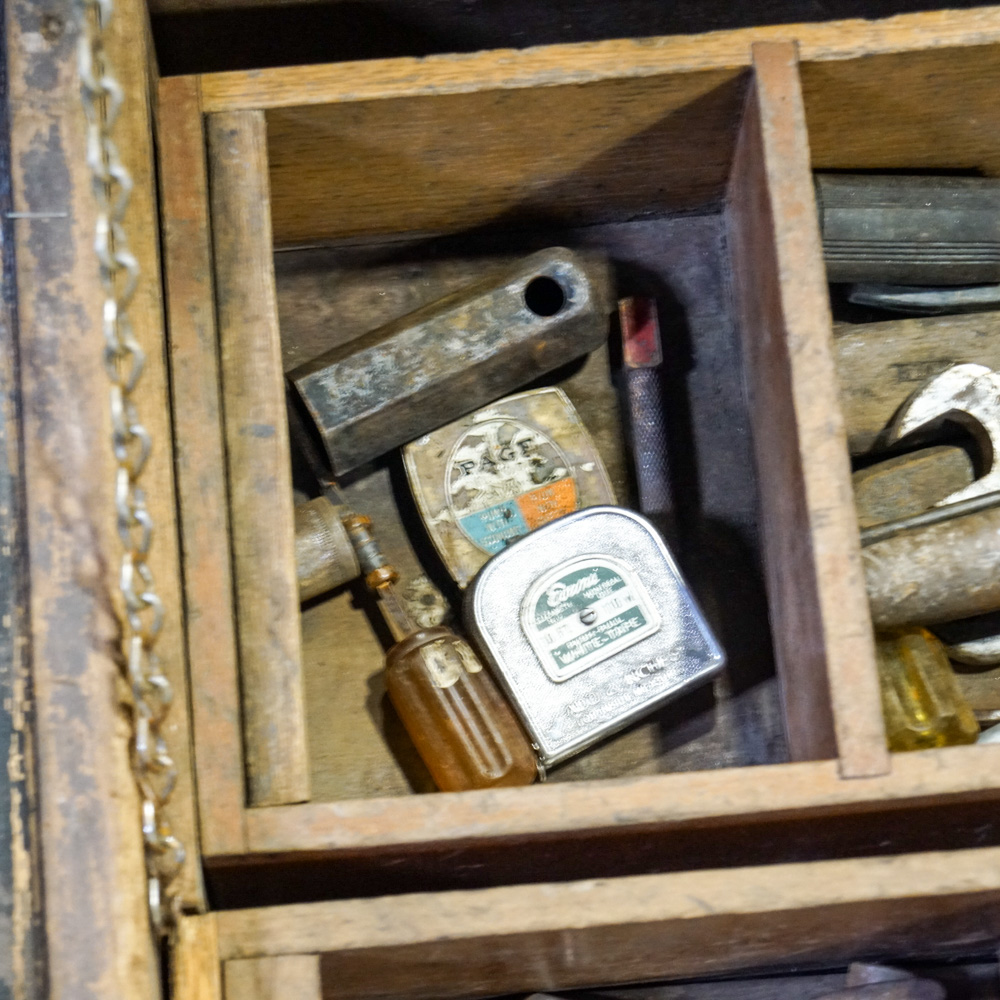 Vintage Wooden Tool Chest with Removable Tray Inserts and Tools