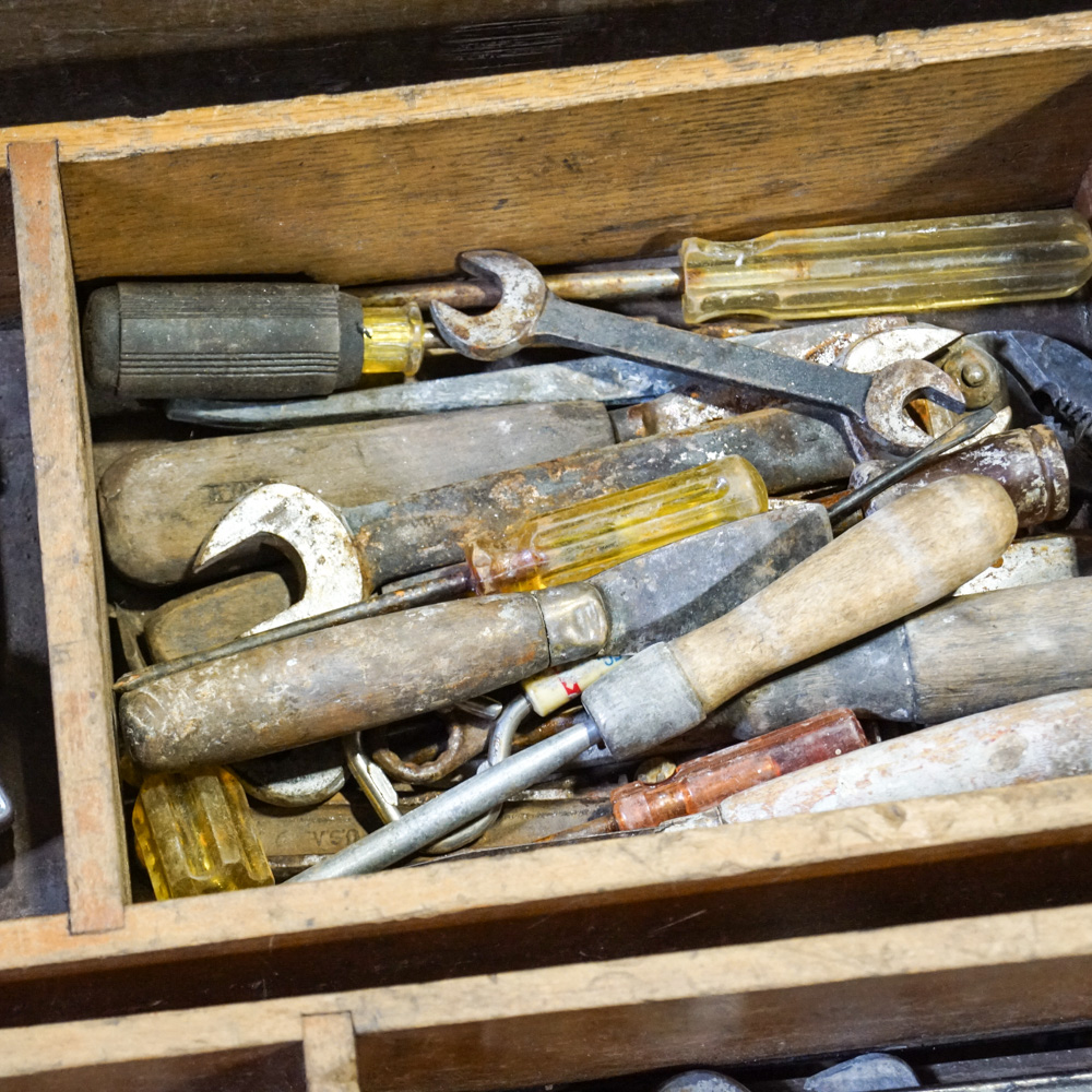 Vintage Wooden Tool Chest with Removable Tray Inserts and Tools