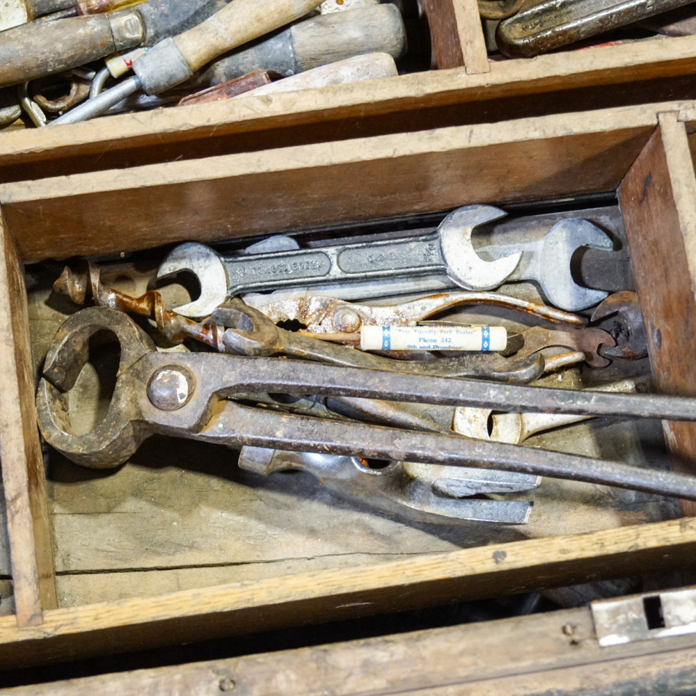Vintage Wooden Tool Chest with Removable Tray Inserts and Tools